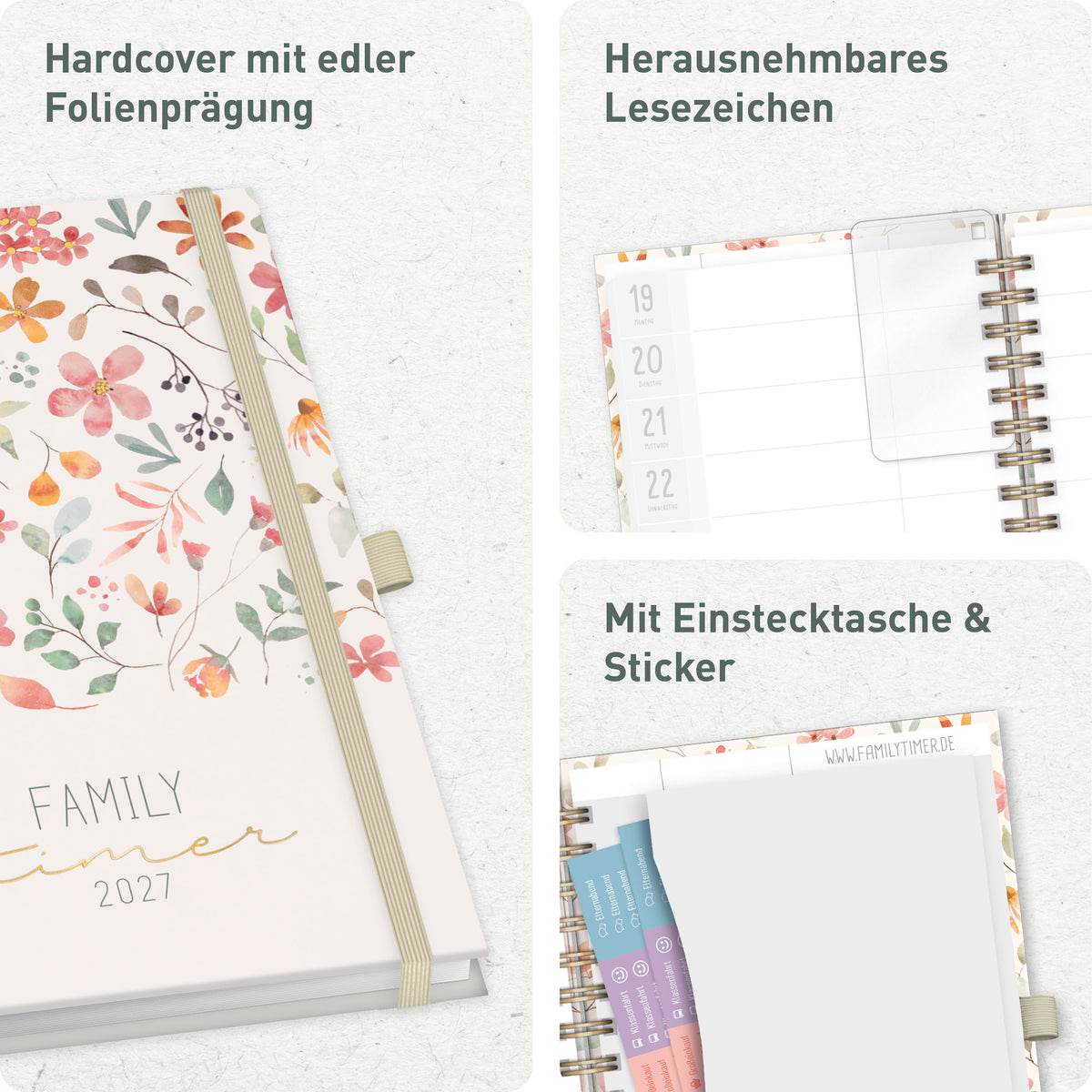 Deluxe-Ausstattung für Familien von Häfft Family-Timer Deluxe Familienkalender 2027 im Motiv „Wild Blossoms“.