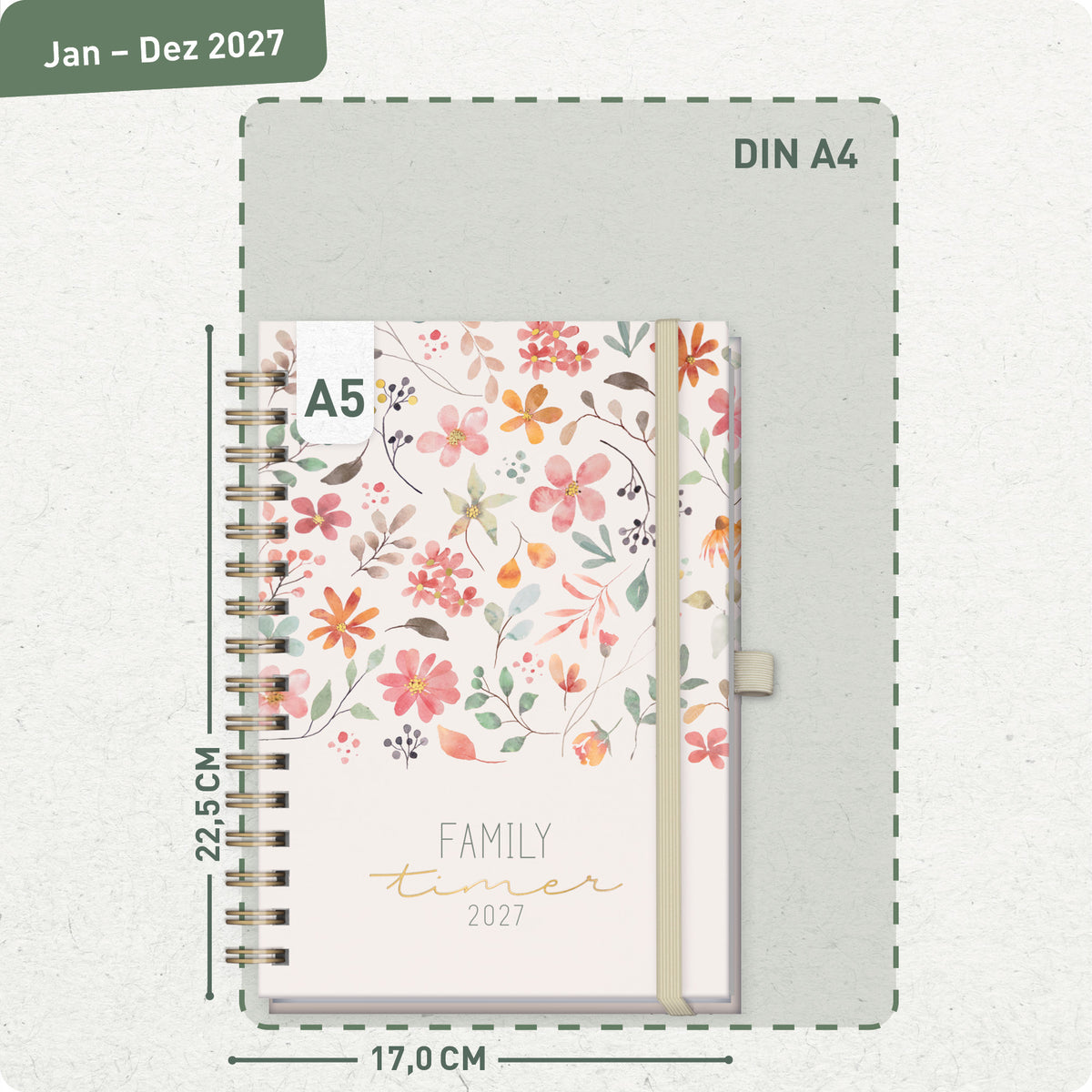 Format- und Größenansicht von Häfft Family-Timer Deluxe Familienkalender 2027 im Motiv „Wild Blossoms“.
