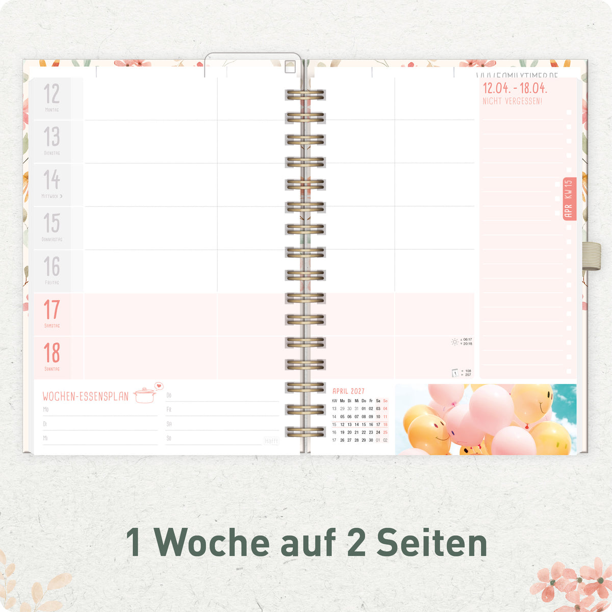 Wochenplanung für die Familie von Häfft Family-Timer Deluxe Familienkalender 2027 im Motiv „Wild Blossoms“.
