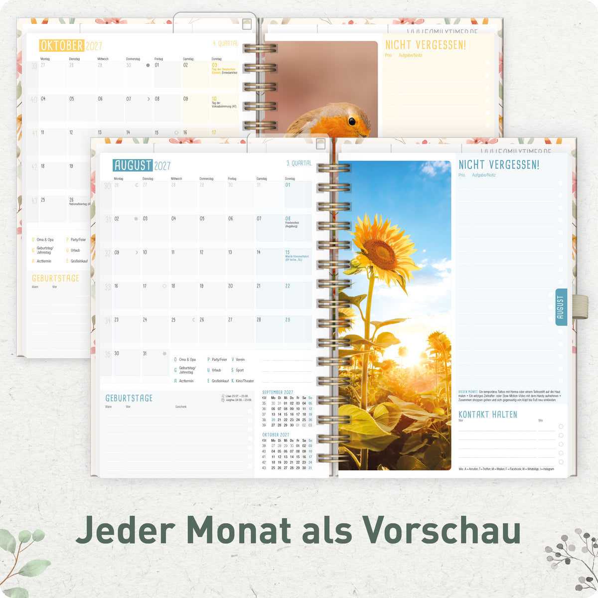 Innenansicht von Häfft Family-Timer Deluxe Familienkalender 2027 im Motiv „Wild Blossoms“ mit Monatsvorschau.