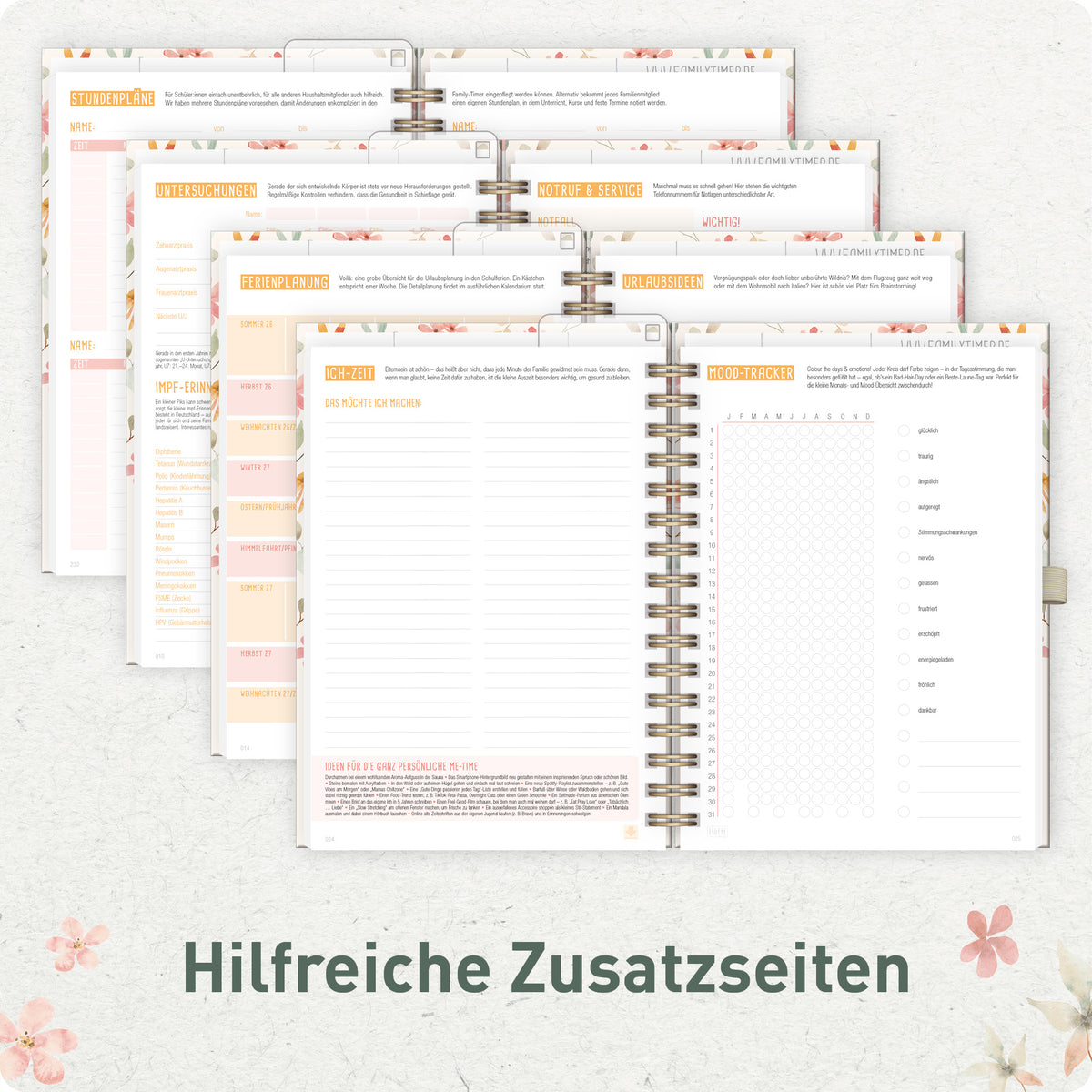 Zusatzseiten & Familienplanung von Häfft Family-Timer Deluxe Familienkalender 2027 im Motiv „Wild Blossoms“.