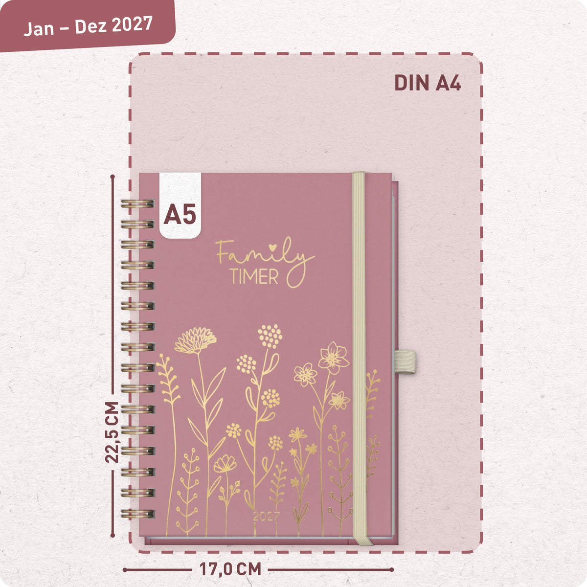 Format- und Größenansicht von Häfft Family-Timer Deluxe Familienkalender 2027 im Motiv „Fine Flowers rosé“.