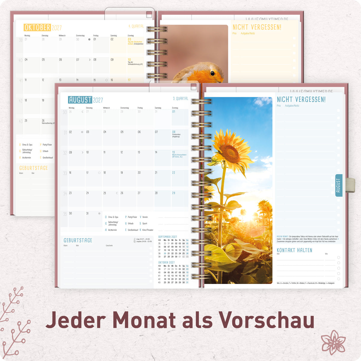 Innenansicht von Häfft Family-Timer Deluxe Familienkalender 2027 im Motiv „Fine Flowers rosé“ mit Monatsvorschau.