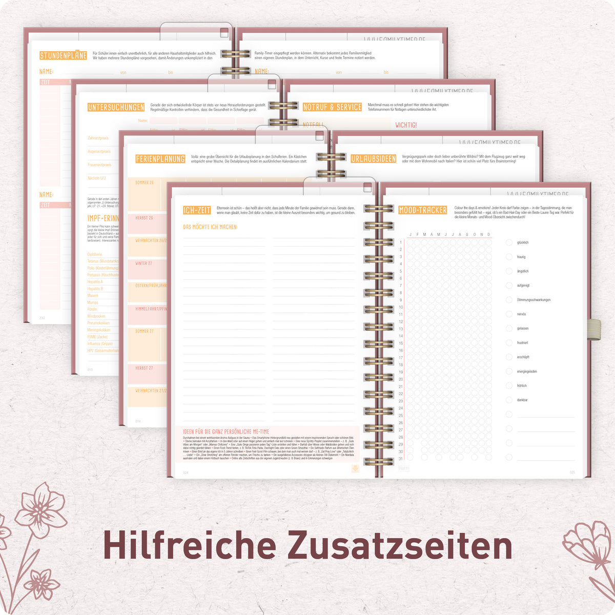 Zusatzseiten & Familienplanung von Häfft Family-Timer Deluxe Familienkalender 2027 im Motiv „Fine Flowers rosé“.
