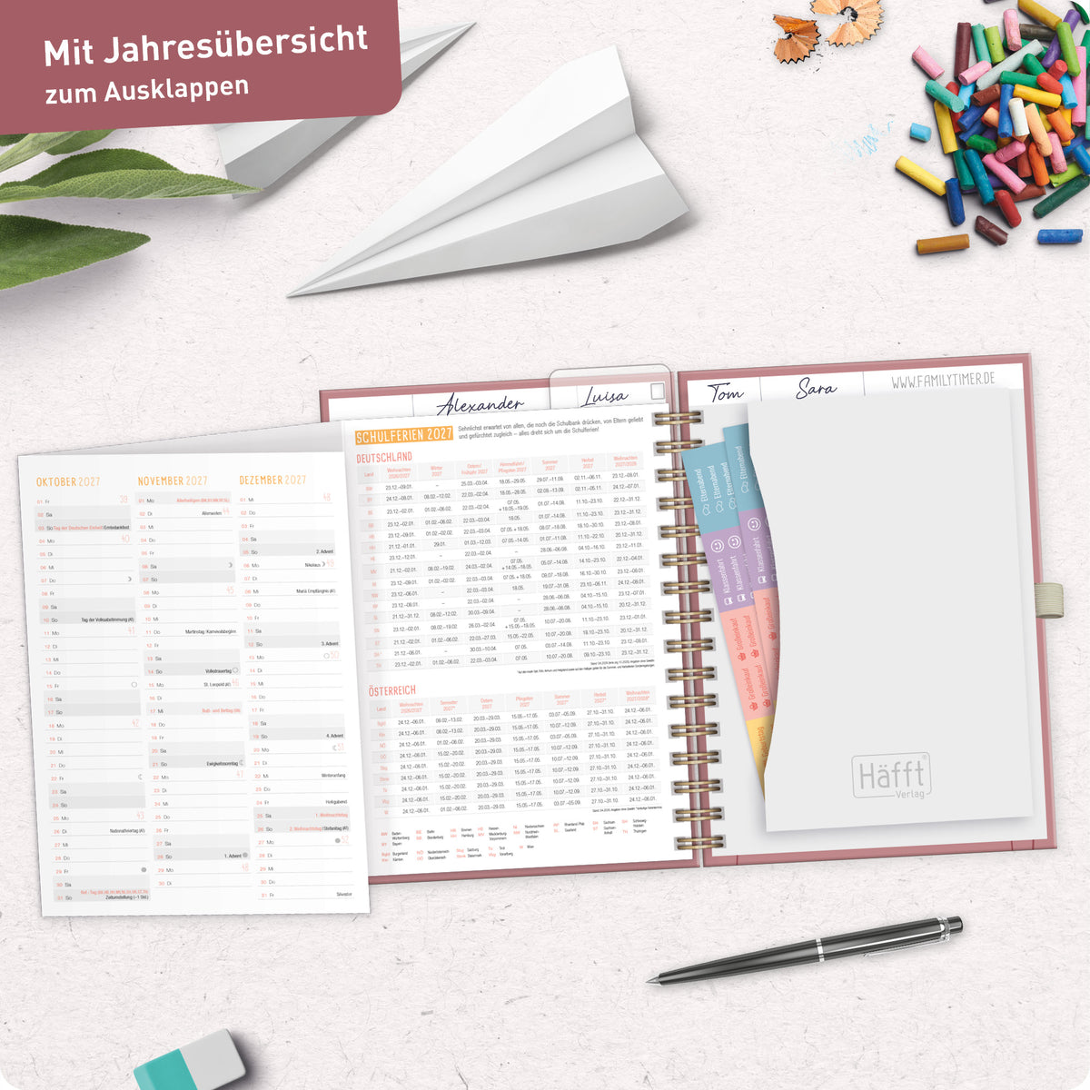 Jahresübersicht & Planung von Häfft Family-Timer Deluxe Familienkalender 2027 im Motiv „Fine Flowers rosé“.