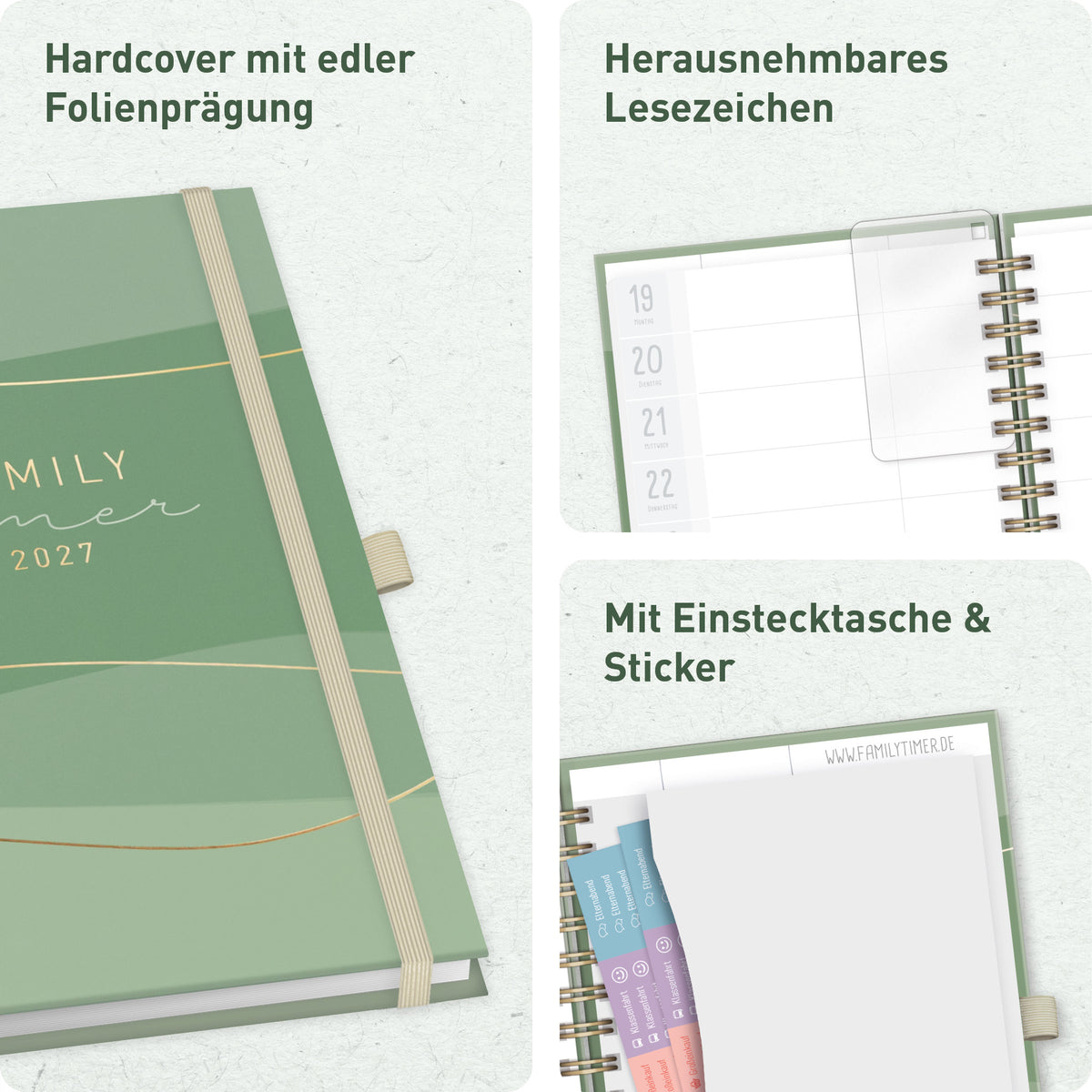 Deluxe-Ausstattung für Familien von Häfft Family-Timer Deluxe Familienkalender 2027 im Motiv „Green Waves“.