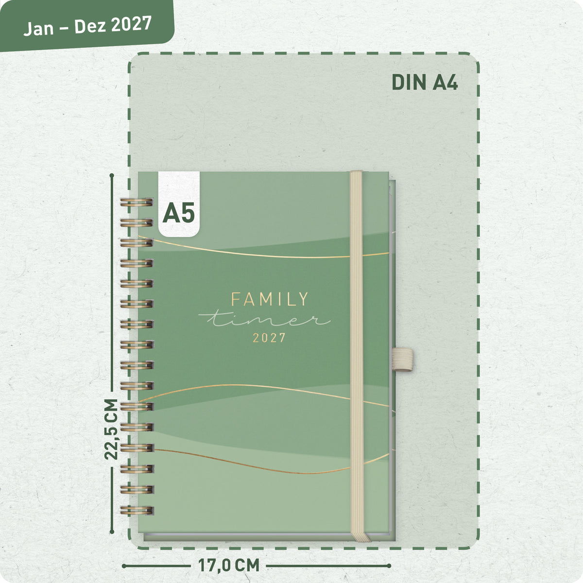 Format- und Größenansicht von Häfft Family-Timer Deluxe Familienkalender 2027 im Motiv „Green Waves“.
