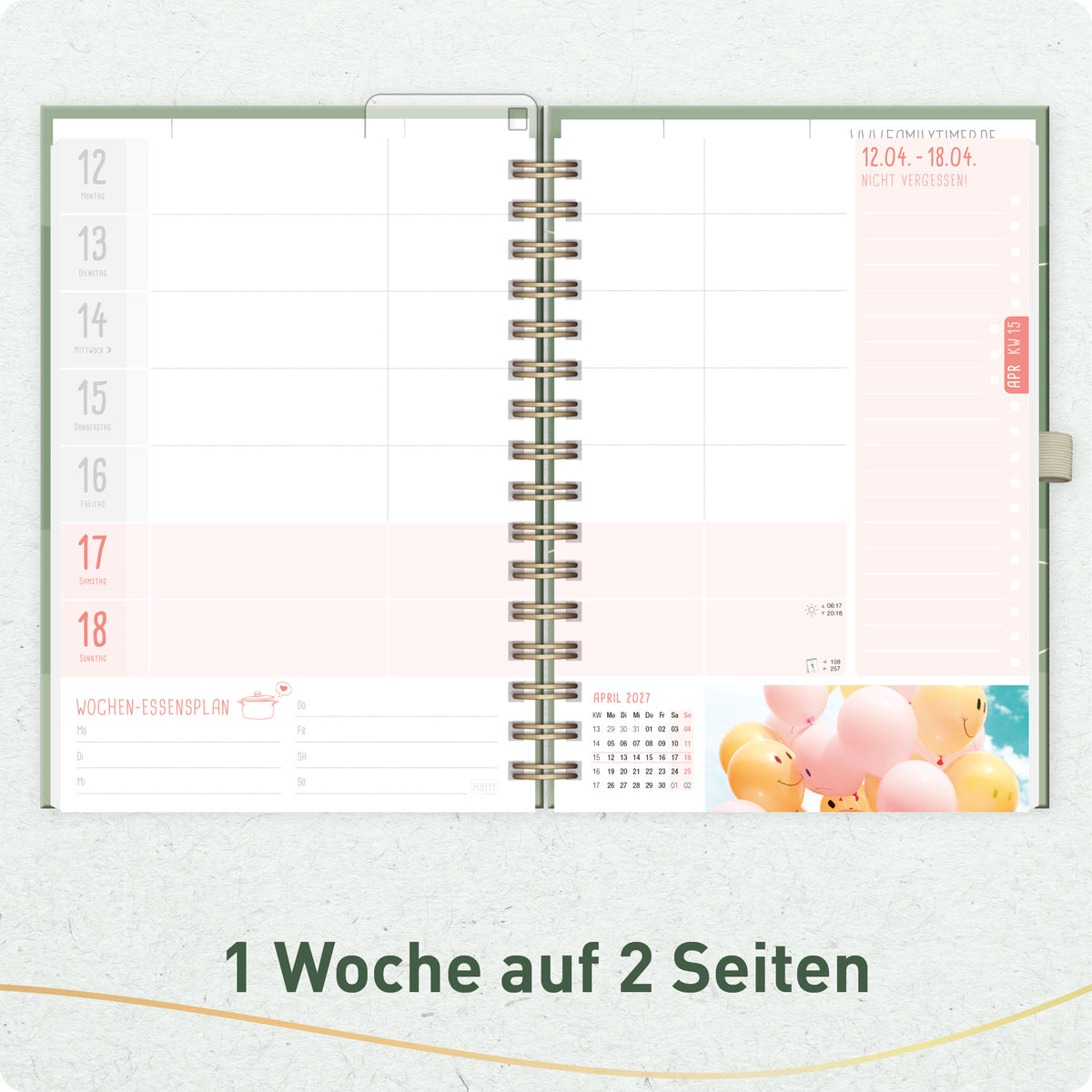 Wochenplanung für die Familie von Häfft Family-Timer Deluxe Familienkalender 2027 im Motiv „Green Waves“.