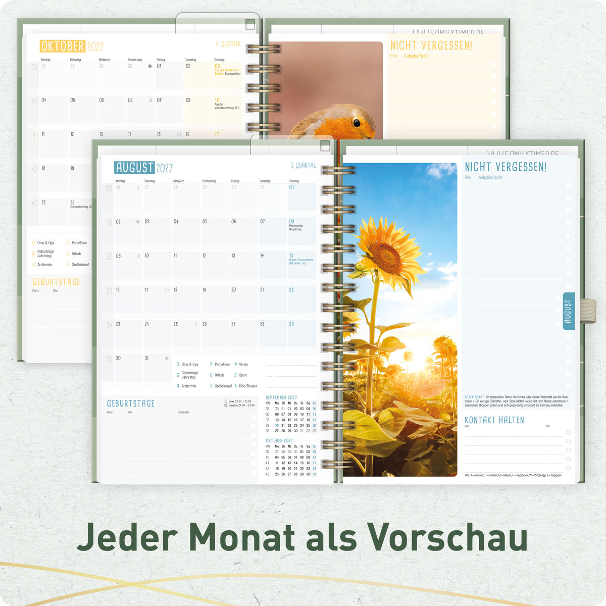 Innenansicht von Häfft Family-Timer Deluxe Familienkalender 2027 im Motiv „Green Waves“ mit Monatsvorschau.