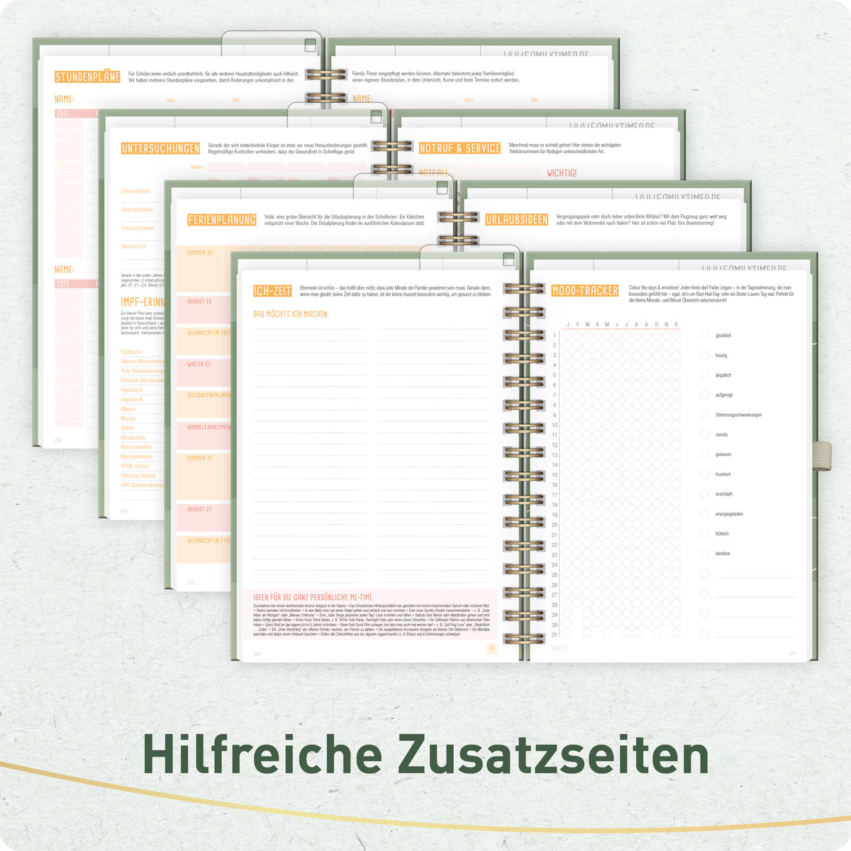 Zusatzseiten & Familienplanung von Häfft Family-Timer Deluxe Familienkalender 2027 im Motiv „Green Waves“.