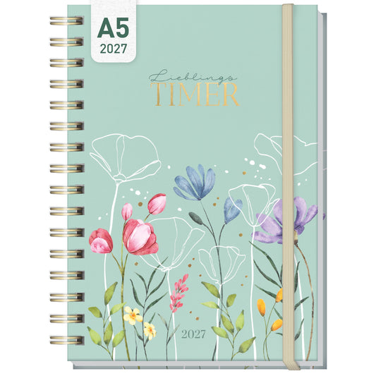 Coveransicht von Häfft Lieblings-Timer Ringbuch-Kalender 2027 A5 im Motiv „Spring Flowers“.