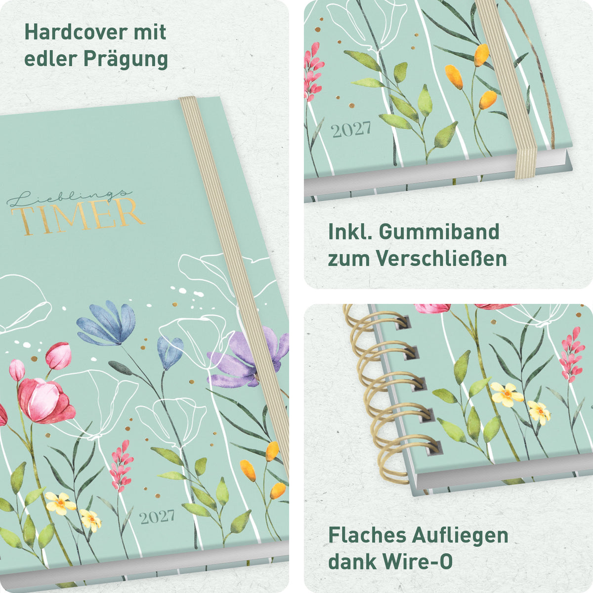 Ringbuch & Ausstattung von Häfft Lieblings-Timer Ringbuch-Kalender 2027 A5 im Motiv „Spring Flowers“.