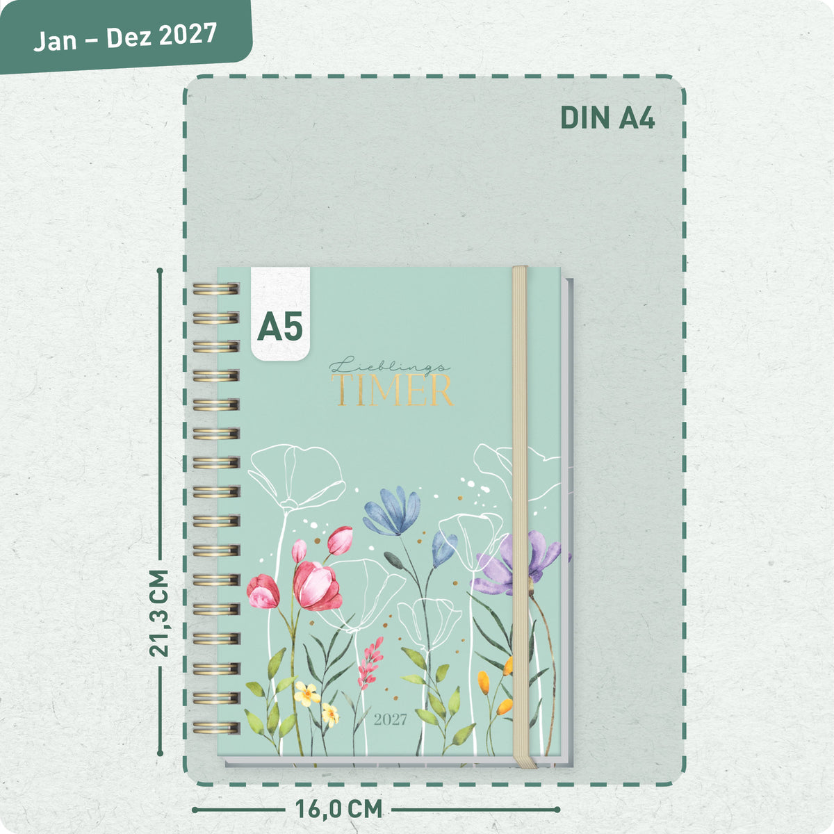 Format- und Größenansicht von Häfft Lieblings-Timer Ringbuch-Kalender 2027 A5 im Motiv „Spring Flowers“.