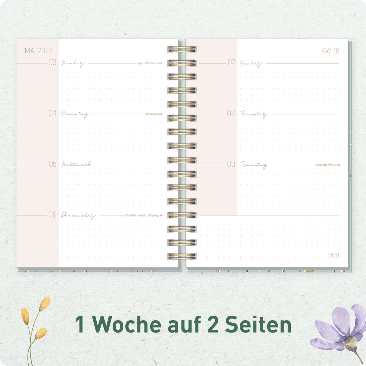 Innenansicht von Häfft Lieblings-Timer Ringbuch-Kalender 2027 A5 im Motiv „Spring Flowers“ mit einer Woche auf zwei Seiten.