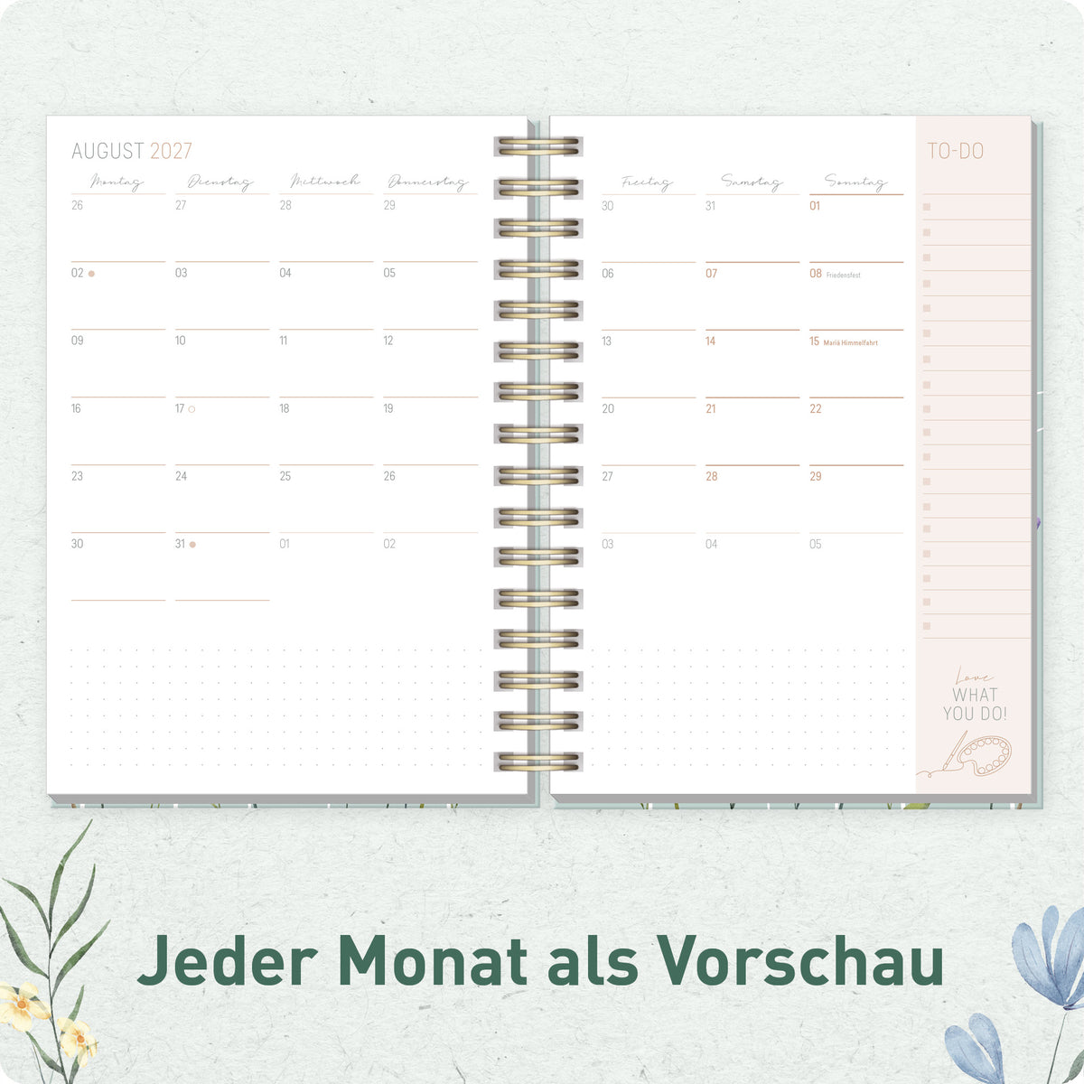 Innenansicht von Häfft Lieblings-Timer Ringbuch-Kalender 2027 A5 im Motiv „Spring Flowers“ mit Monatsübersicht.