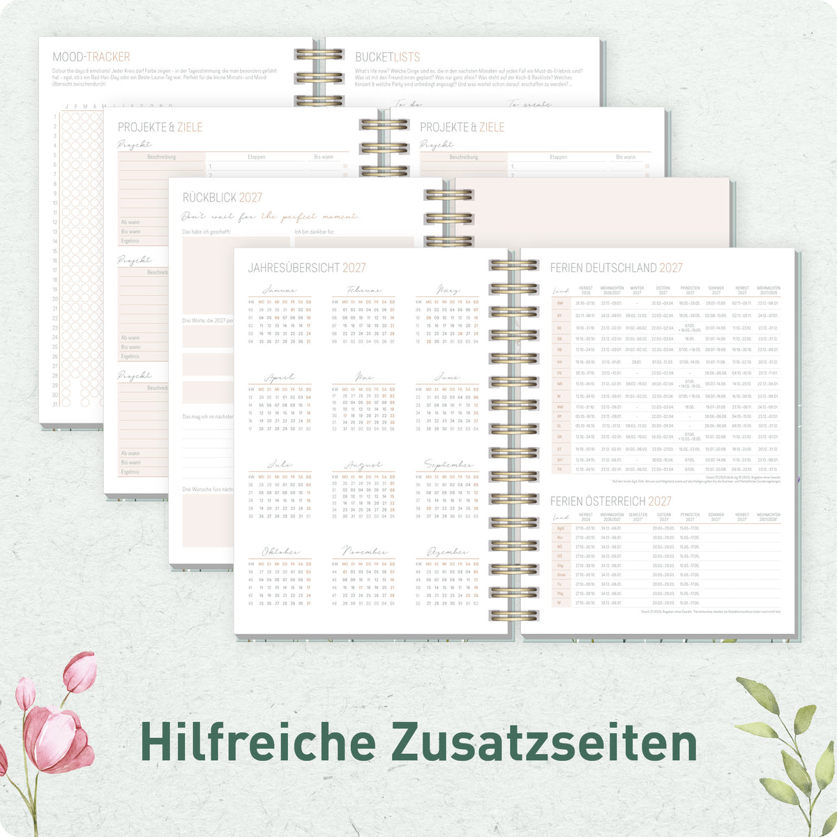 Zusatzseiten von Häfft Lieblings-Timer Ringbuch-Kalender 2027 A5 im Motiv „Spring Flowers“.