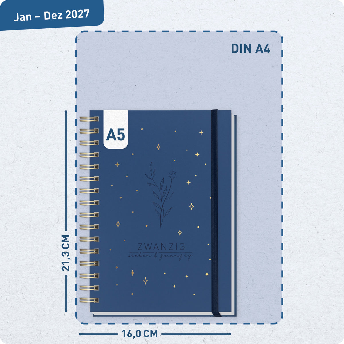 Format- und Größenansicht von Häfft Lieblings-Timer Ringbuch-Kalender 2027 A5 im Motiv „Night Flower“.
