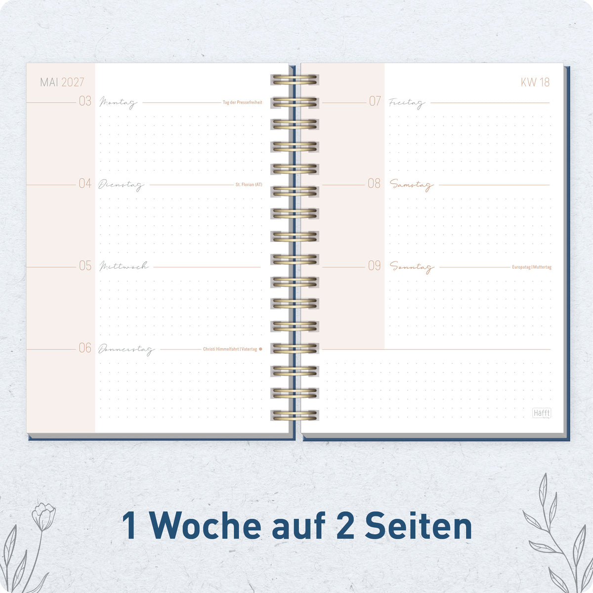 Innenansicht von Häfft Lieblings-Timer Ringbuch-Kalender 2027 A5 im Motiv „Night Flower“ mit einer Woche auf zwei Seiten.