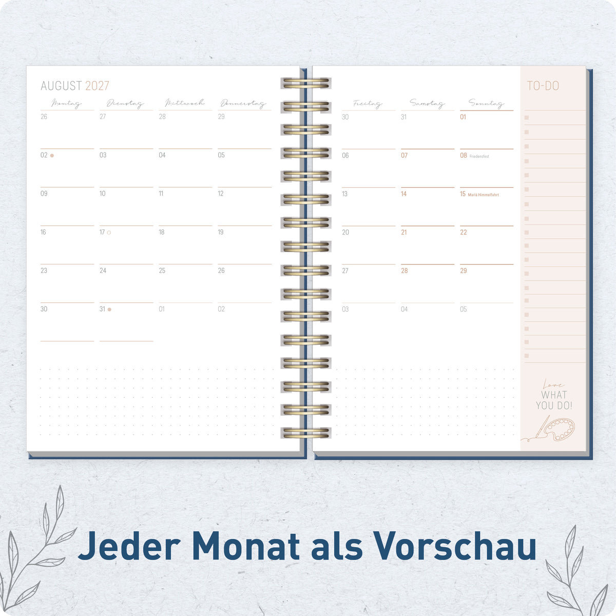 Innenansicht von Häfft Lieblings-Timer Ringbuch-Kalender 2027 A5 im Motiv „Night Flower“ mit Monatsübersicht.