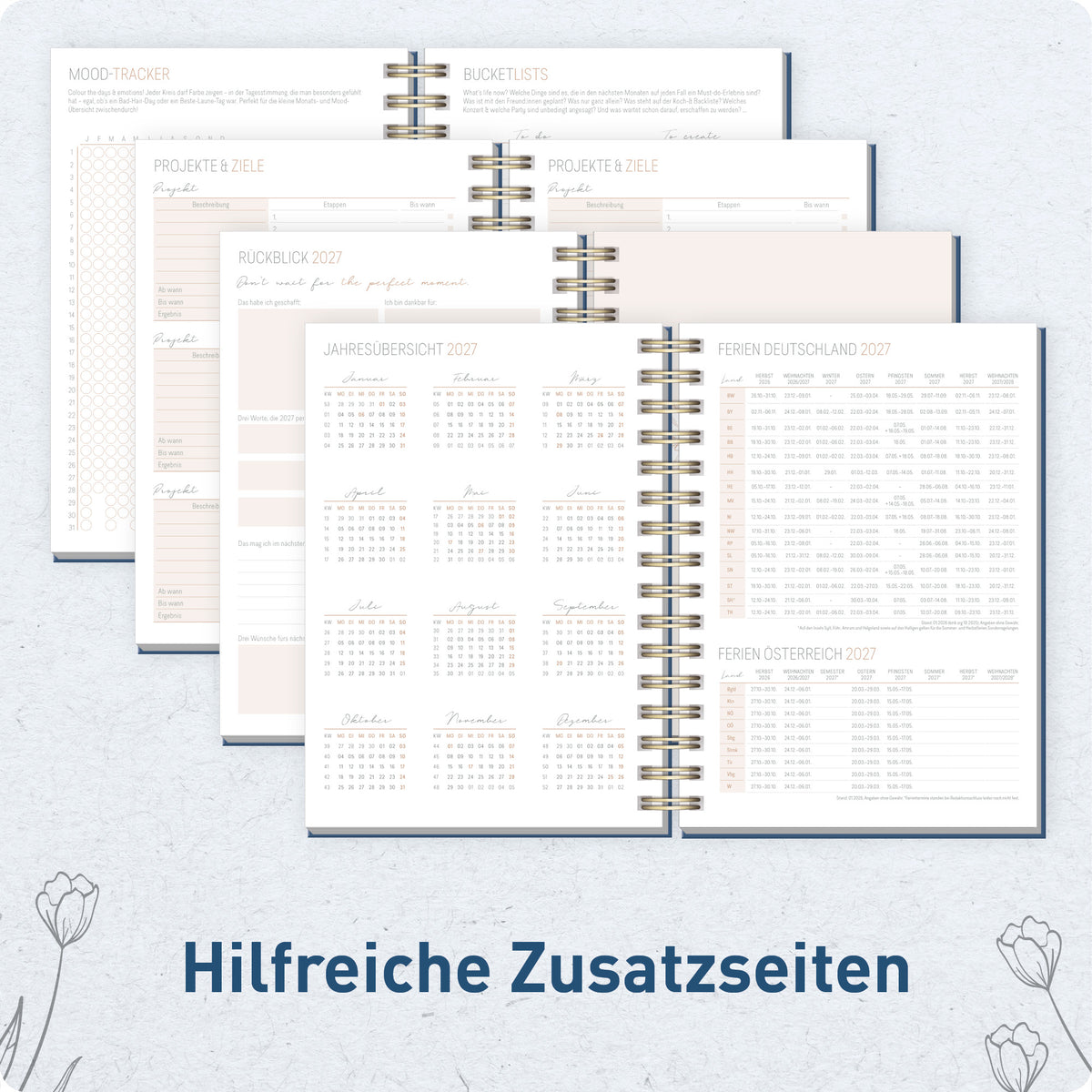 Zusatzseiten von Häfft Lieblings-Timer Ringbuch-Kalender 2027 A5 im Motiv „Night Flower“.
