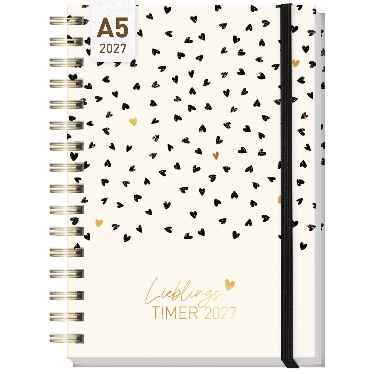Coveransicht von Häfft Lieblings-Timer Ringbuch-Kalender 2027 A5 im Motiv „Golden Hearts“.