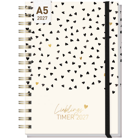 Coveransicht von Häfft Lieblings-Timer Ringbuch-Kalender 2027 A5 im Motiv „Golden Hearts“.