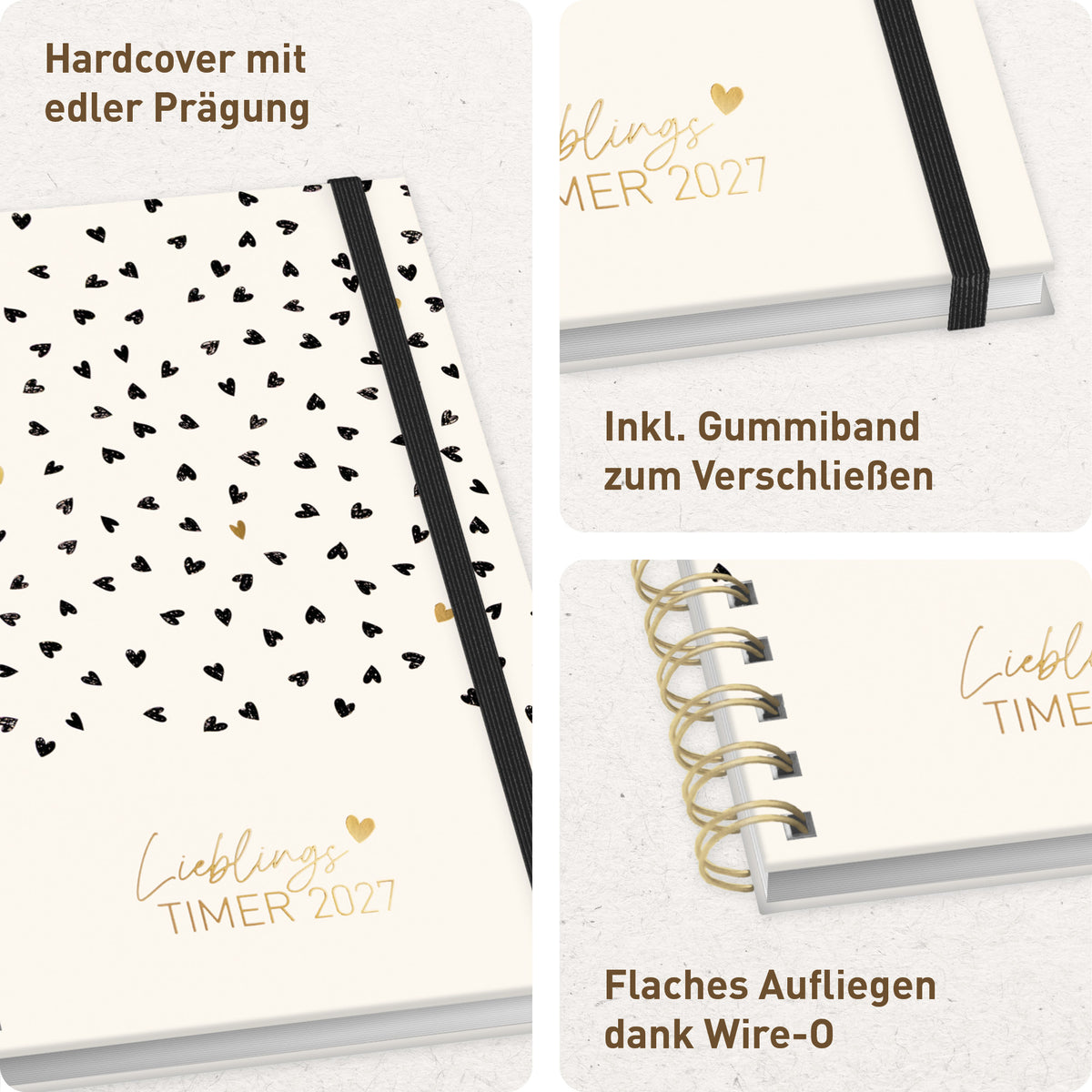 Ringbuch & Ausstattung von Häfft Lieblings-Timer Ringbuch-Kalender 2027 A5 im Motiv „Golden Hearts“.
