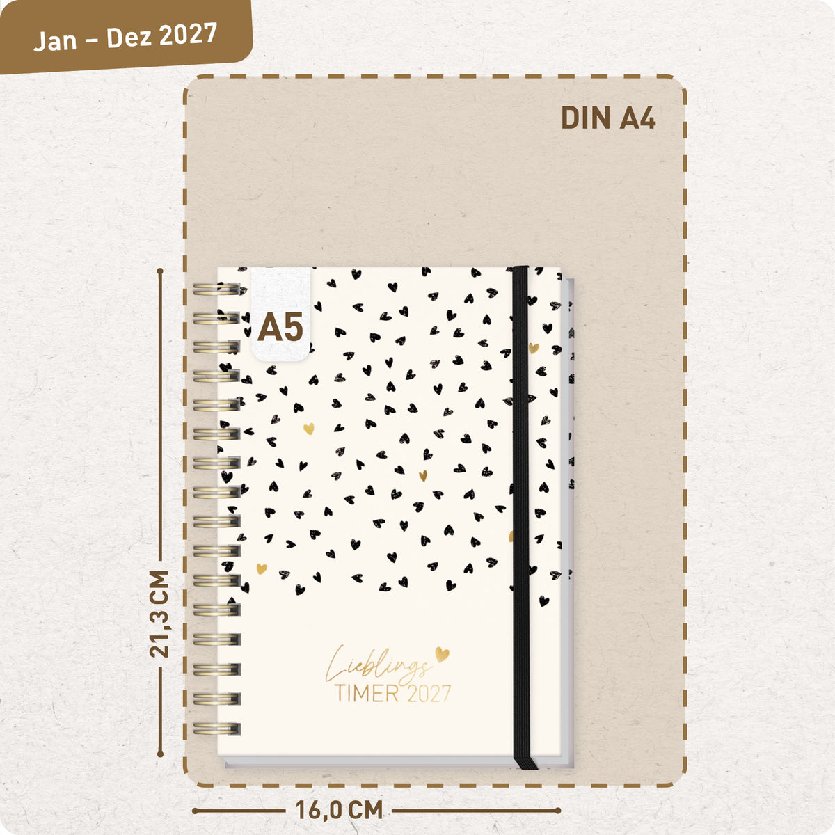 Format- und Größenansicht von Häfft Lieblings-Timer Ringbuch-Kalender 2027 A5 im Motiv „Golden Hearts“.