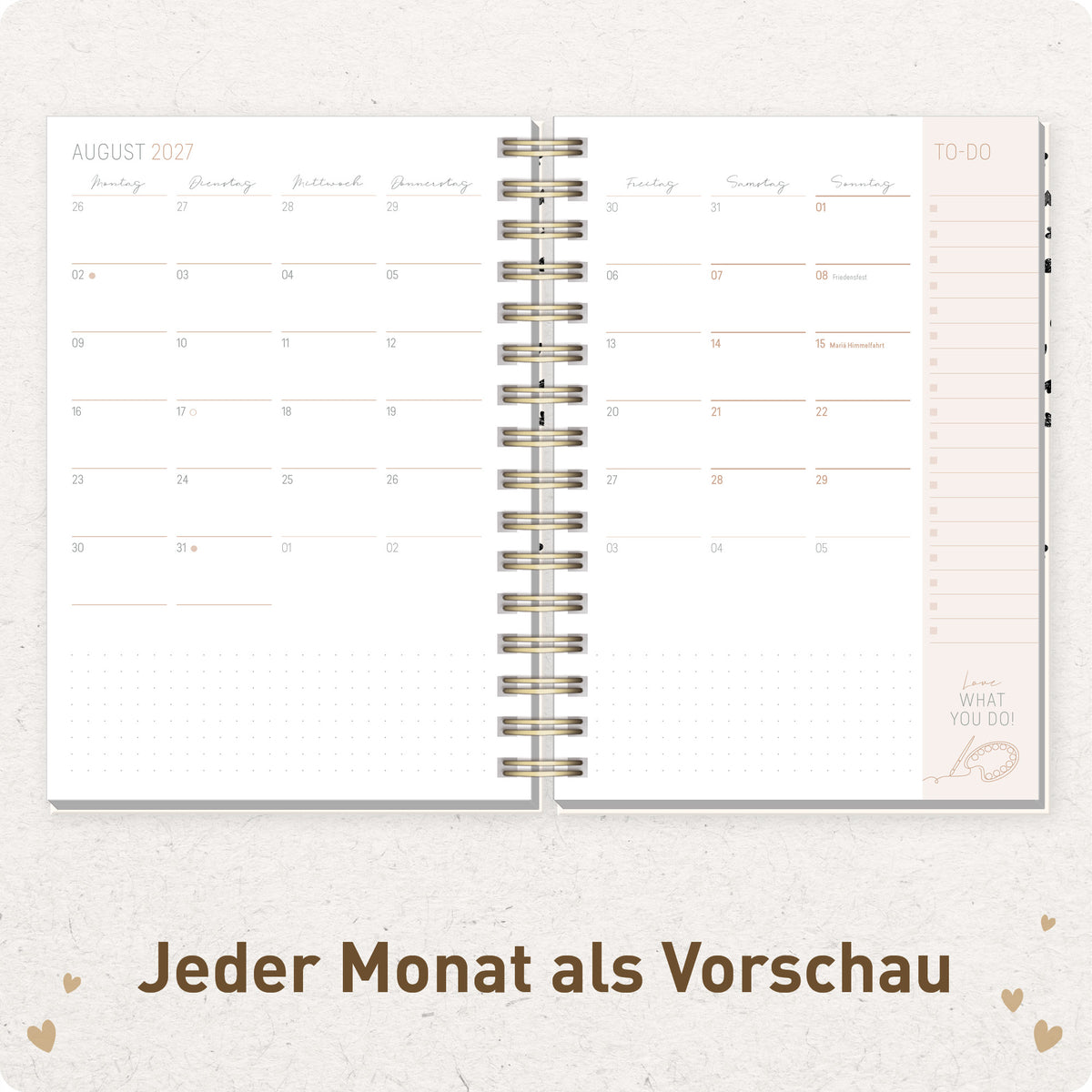 Innenansicht von Häfft Lieblings-Timer Ringbuch-Kalender 2027 A5 im Motiv „Golden Hearts“ mit Monatsübersicht.