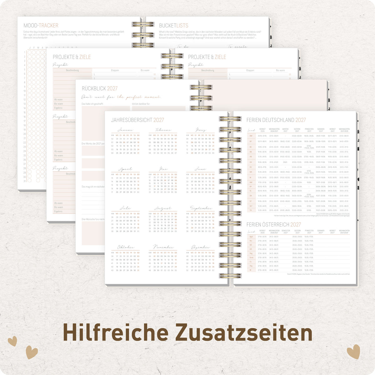 Zusatzseiten von Häfft Lieblings-Timer Ringbuch-Kalender 2027 A5 im Motiv „Golden Hearts“.