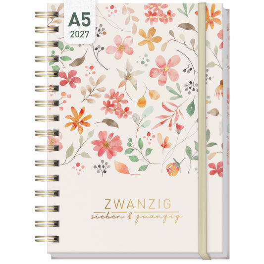 Coveransicht von Häfft Lieblings-Timer Ringbuch-Kalender 2027 A5 im Motiv „Wild Blossoms“.