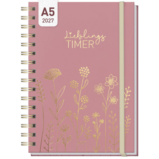 Coveransicht von Häfft Lieblings-Timer Ringbuch-Kalender 2027 A5 im Motiv „Fine Flowers rosé“.