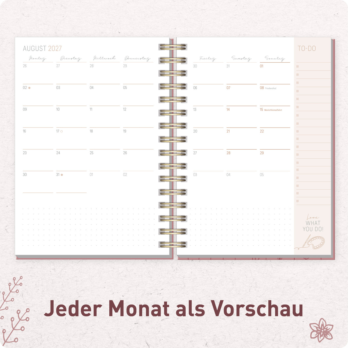 Innenansicht von Häfft Lieblings-Timer Ringbuch-Kalender 2027 A5 im Motiv „Fine Flowers rosé“ mit Monatsübersicht.