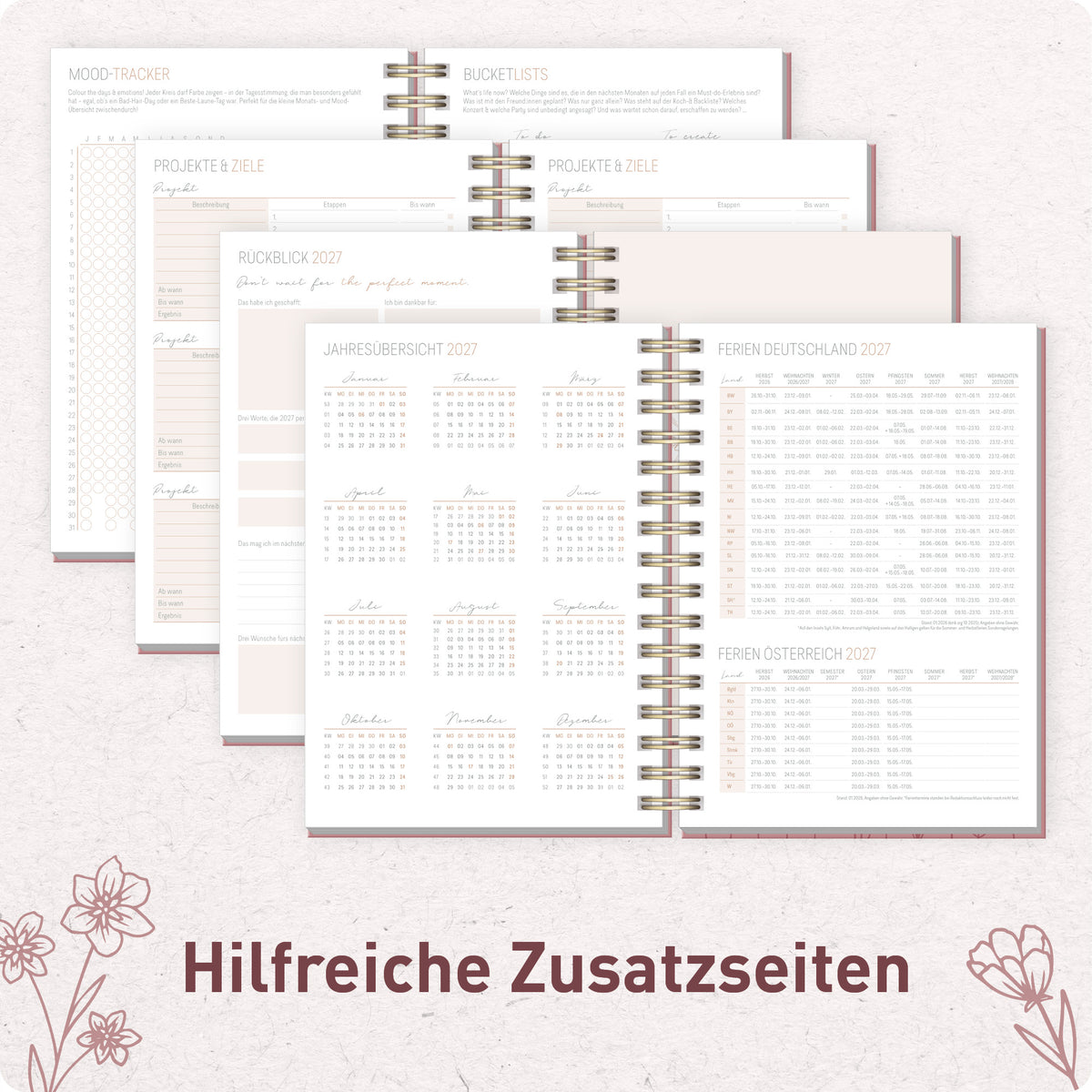 Zusatzseiten von Häfft Lieblings-Timer Ringbuch-Kalender 2027 A5 im Motiv „Fine Flowers rosé“.