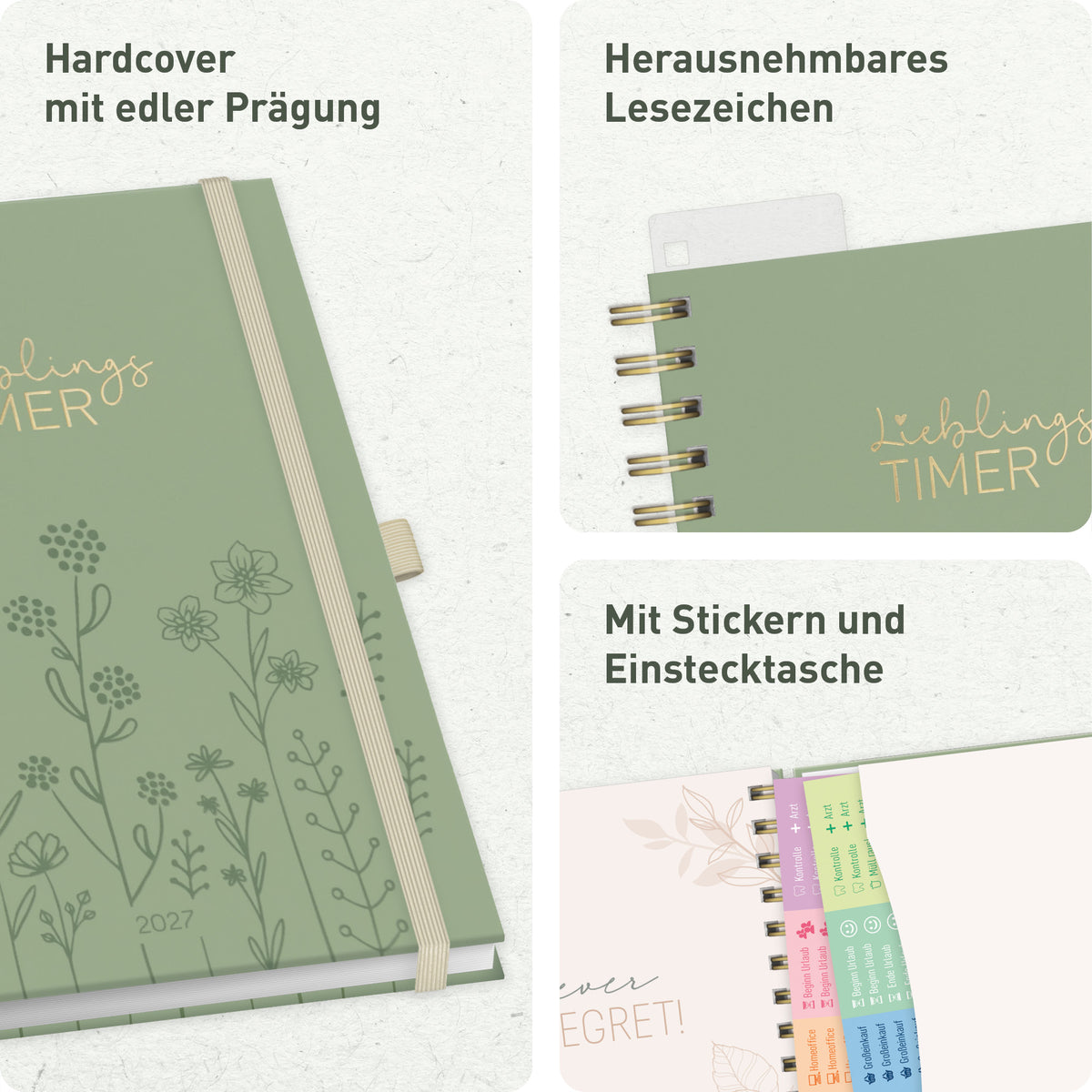 Deluxe-Ringbuch & Ausstattung von Häfft Lieblings-Timer Deluxe Ringbuch-Kalender 2027 A5 im Motiv „Fine Flowers“.