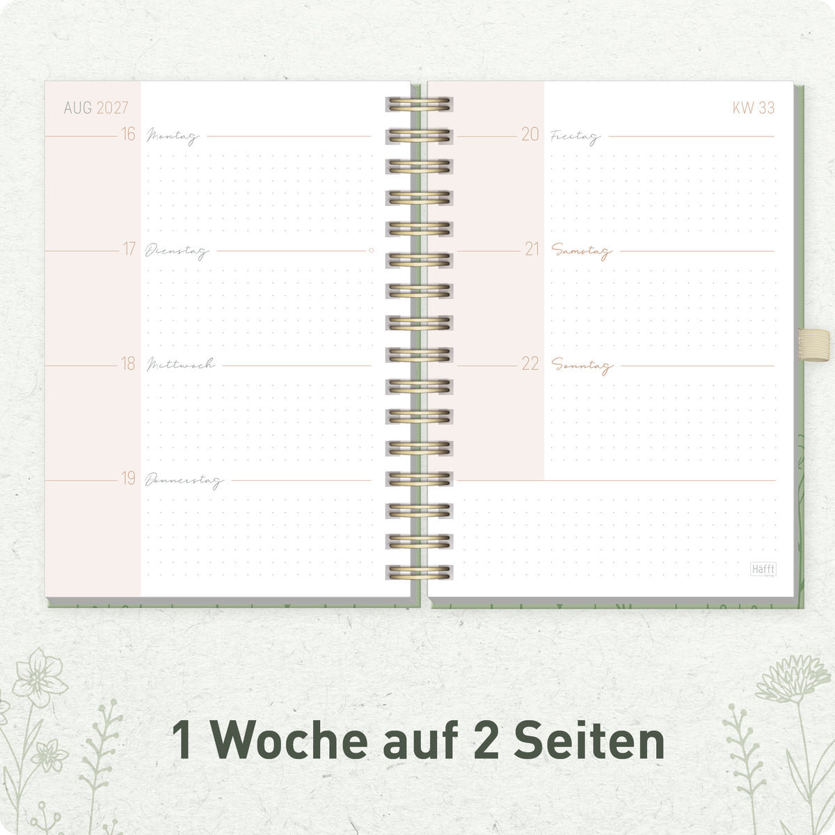Innenansicht von Häfft Lieblings-Timer Deluxe Ringbuch-Kalender 2027 A5 im Motiv „Fine Flowers“ mit einer Woche auf zwei Seiten.