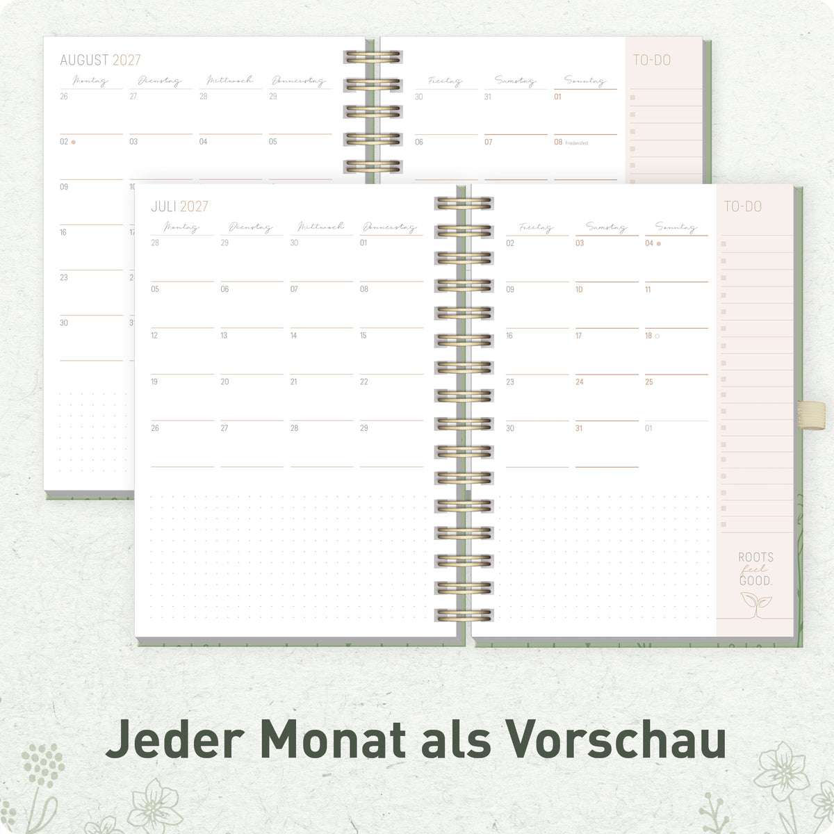 Innenansicht von Häfft Lieblings-Timer Deluxe Ringbuch-Kalender 2027 A5 im Motiv „Fine Flowers“ mit Monatsübersicht.