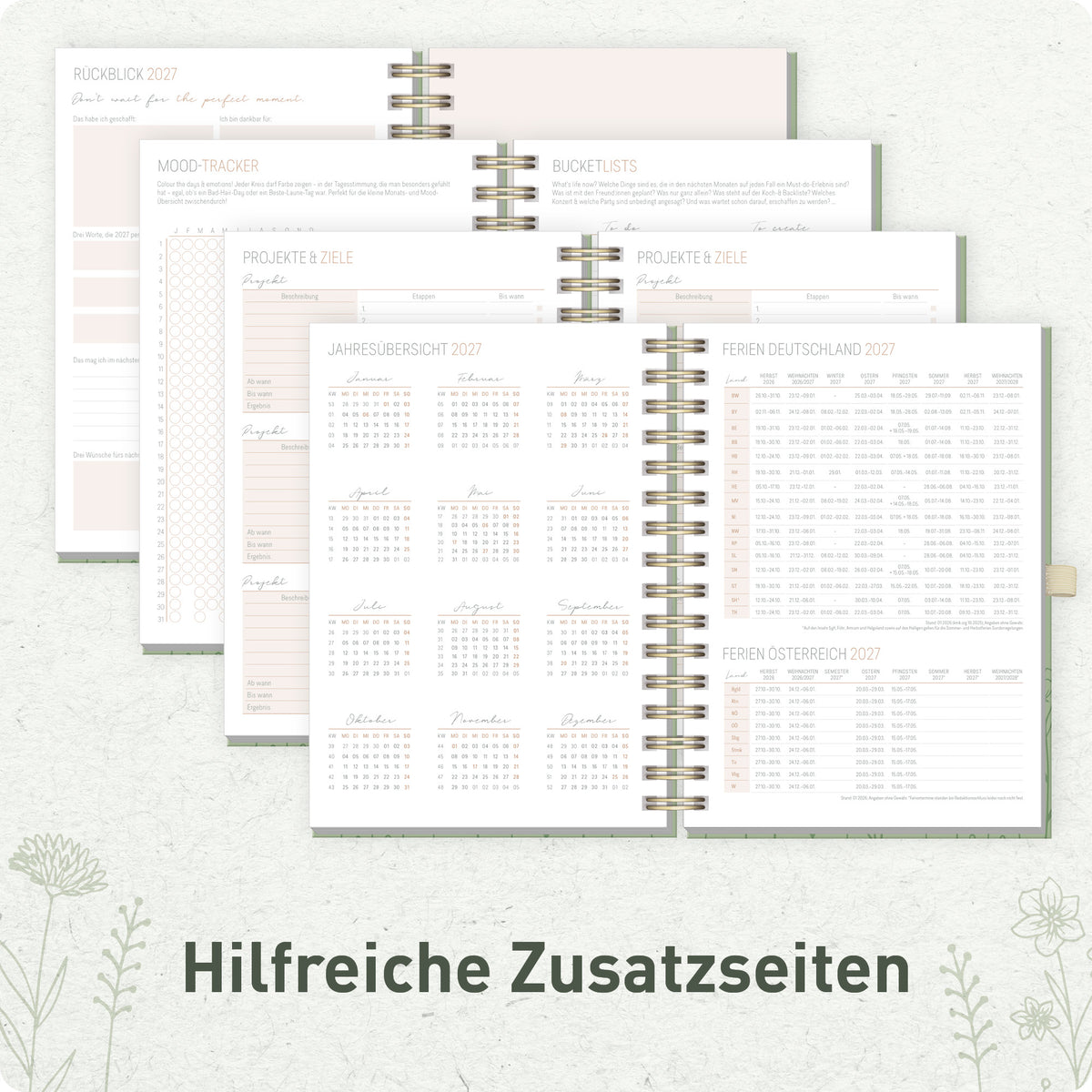 Zusatzseiten von Häfft Lieblings-Timer Deluxe Ringbuch-Kalender 2027 A5 im Motiv „Fine Flowers“.