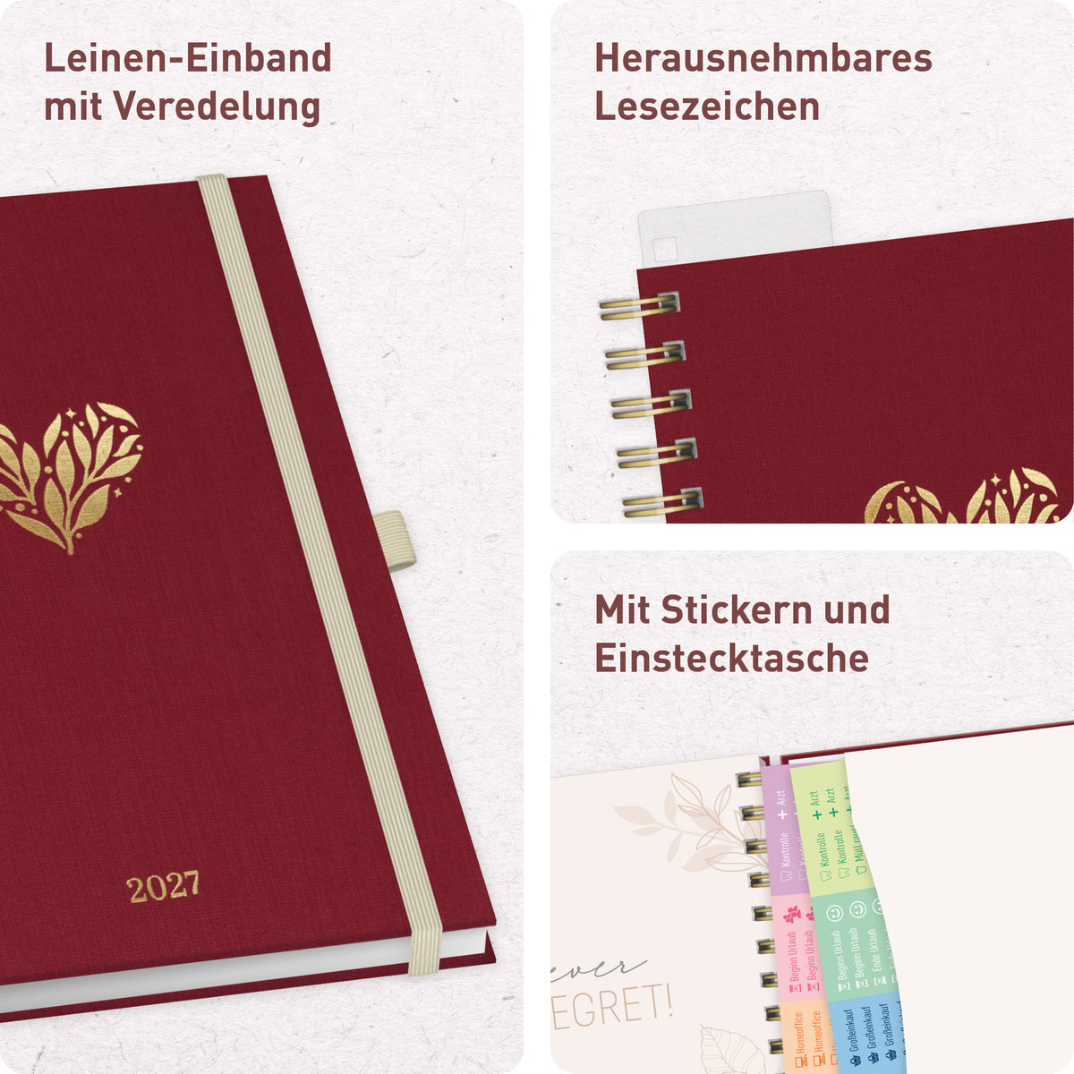 Deluxe-Ringbuch & Ausstattung von Häfft Lieblings-Timer Deluxe Ringbuch-Kalender 2027 A5 im Motiv „Magic Heart“.