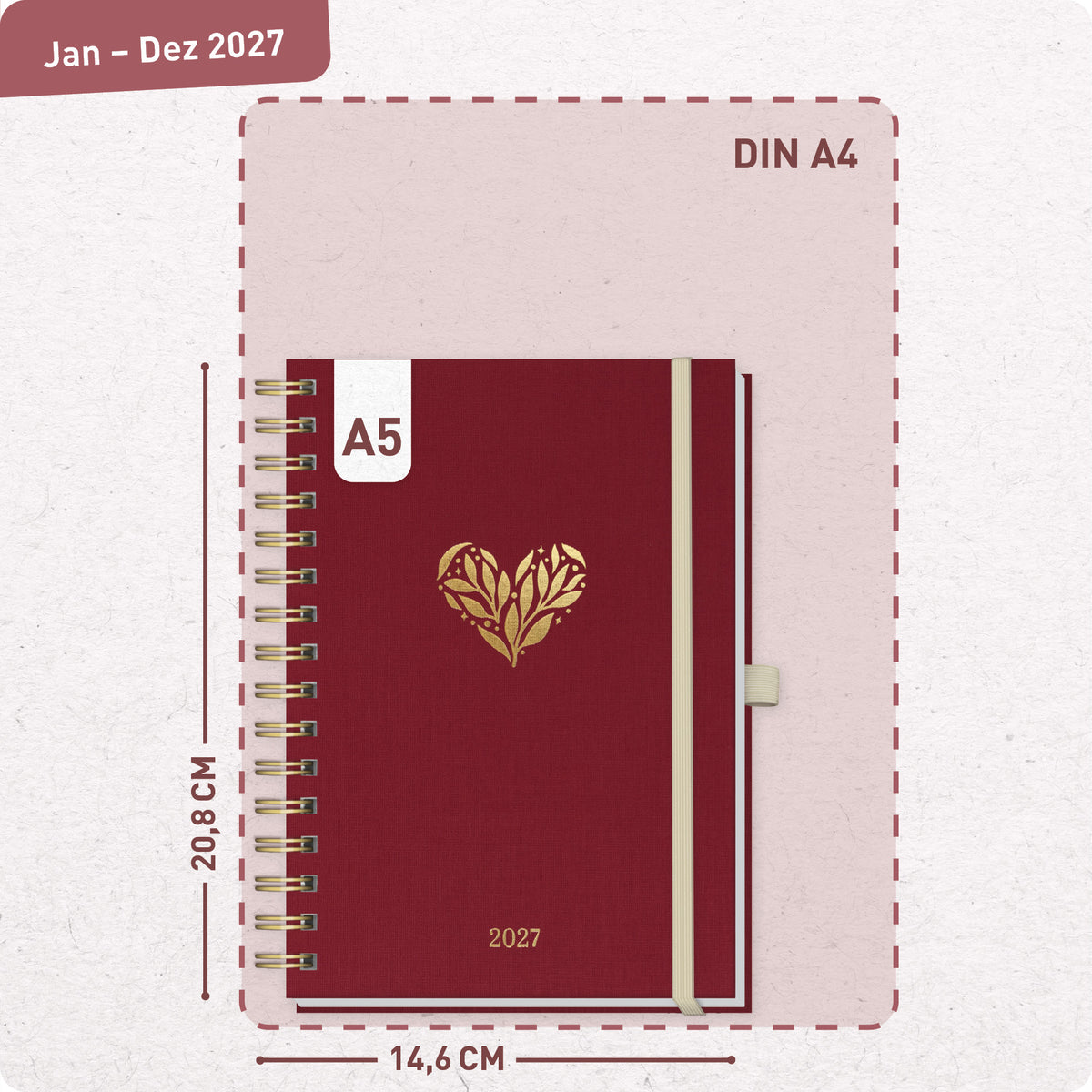 Format- und Größenansicht von Häfft Lieblings-Timer Deluxe Ringbuch-Kalender 2027 A5 im Motiv „Magic Heart“.