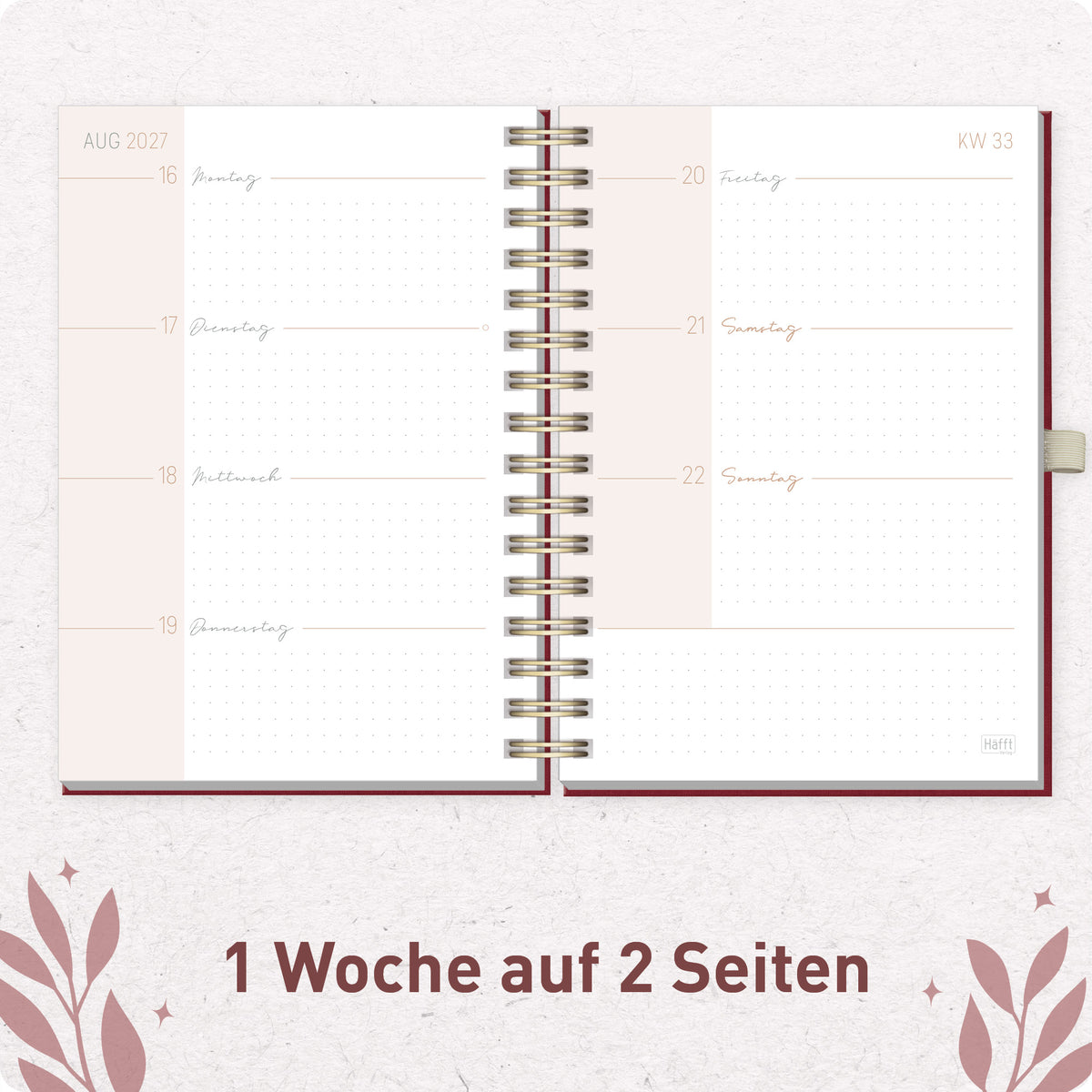 Innenansicht von Häfft Lieblings-Timer Deluxe Ringbuch-Kalender 2027 A5 im Motiv „Magic Heart“ mit einer Woche auf zwei Seiten.