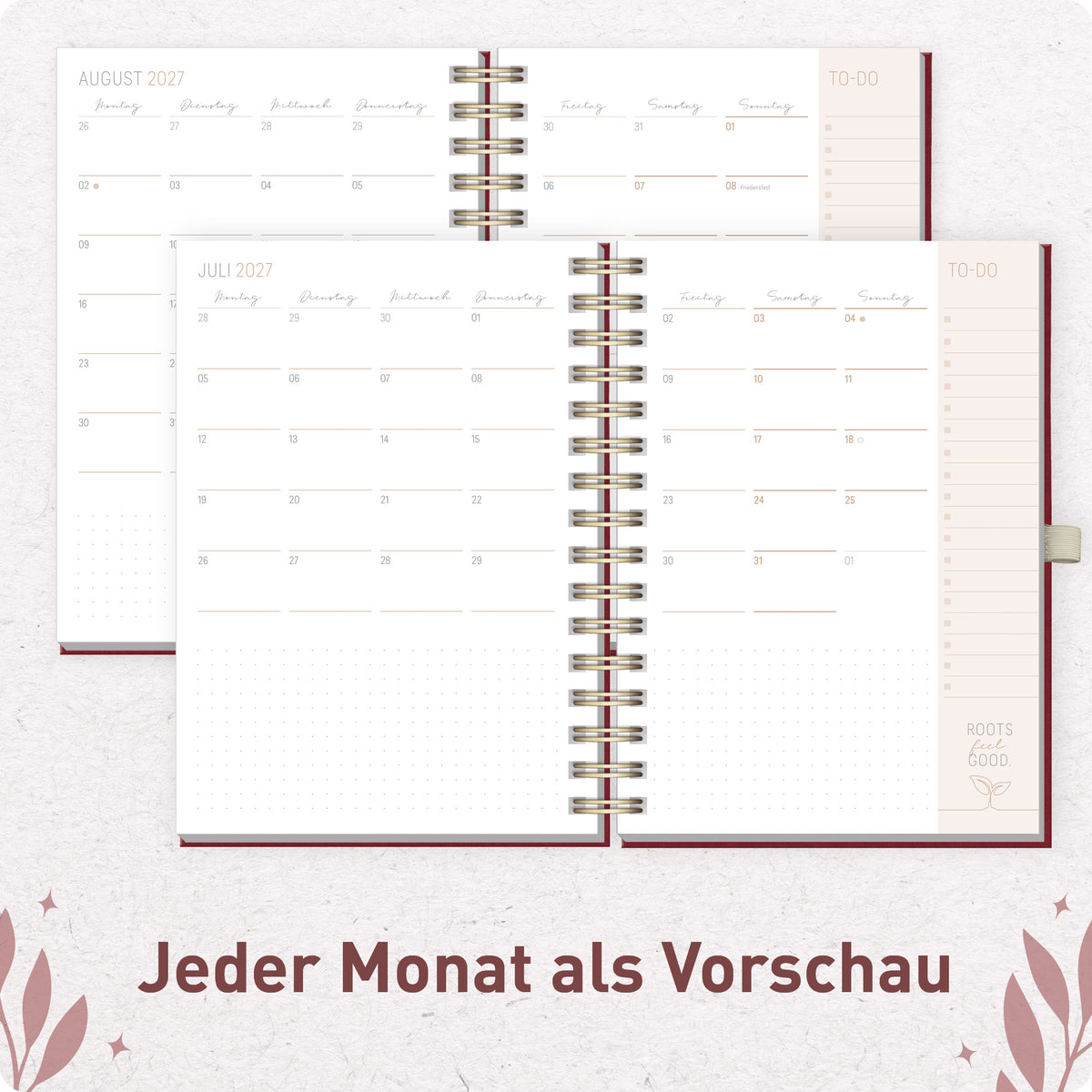 Innenansicht von Häfft Lieblings-Timer Deluxe Ringbuch-Kalender 2027 A5 im Motiv „Magic Heart“ mit Monatsübersicht.