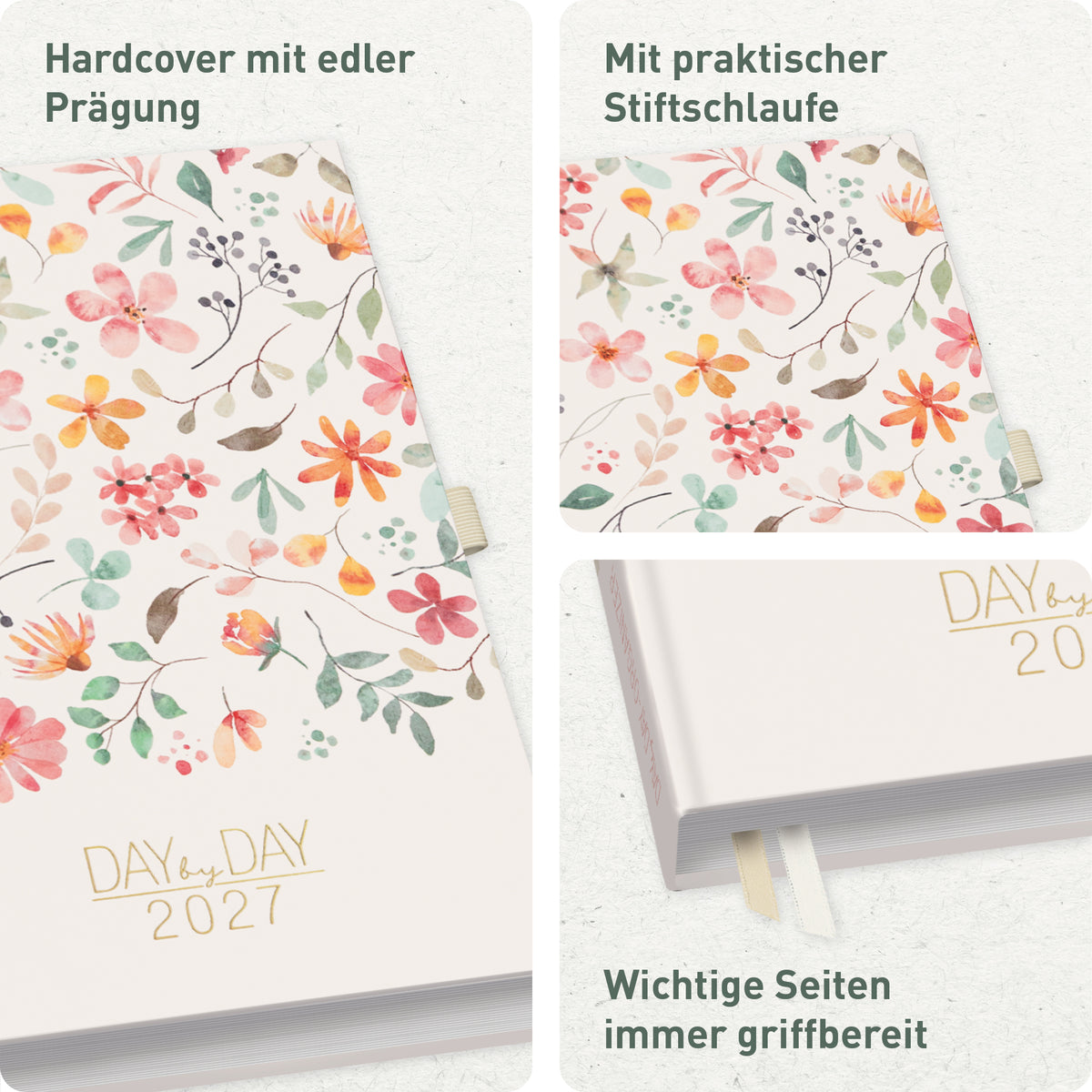 Hardcover & Ausstattung von Häfft Organizer Day by Day Tagesplaner 2027 A5 im Motiv „Wild Blossoms“.