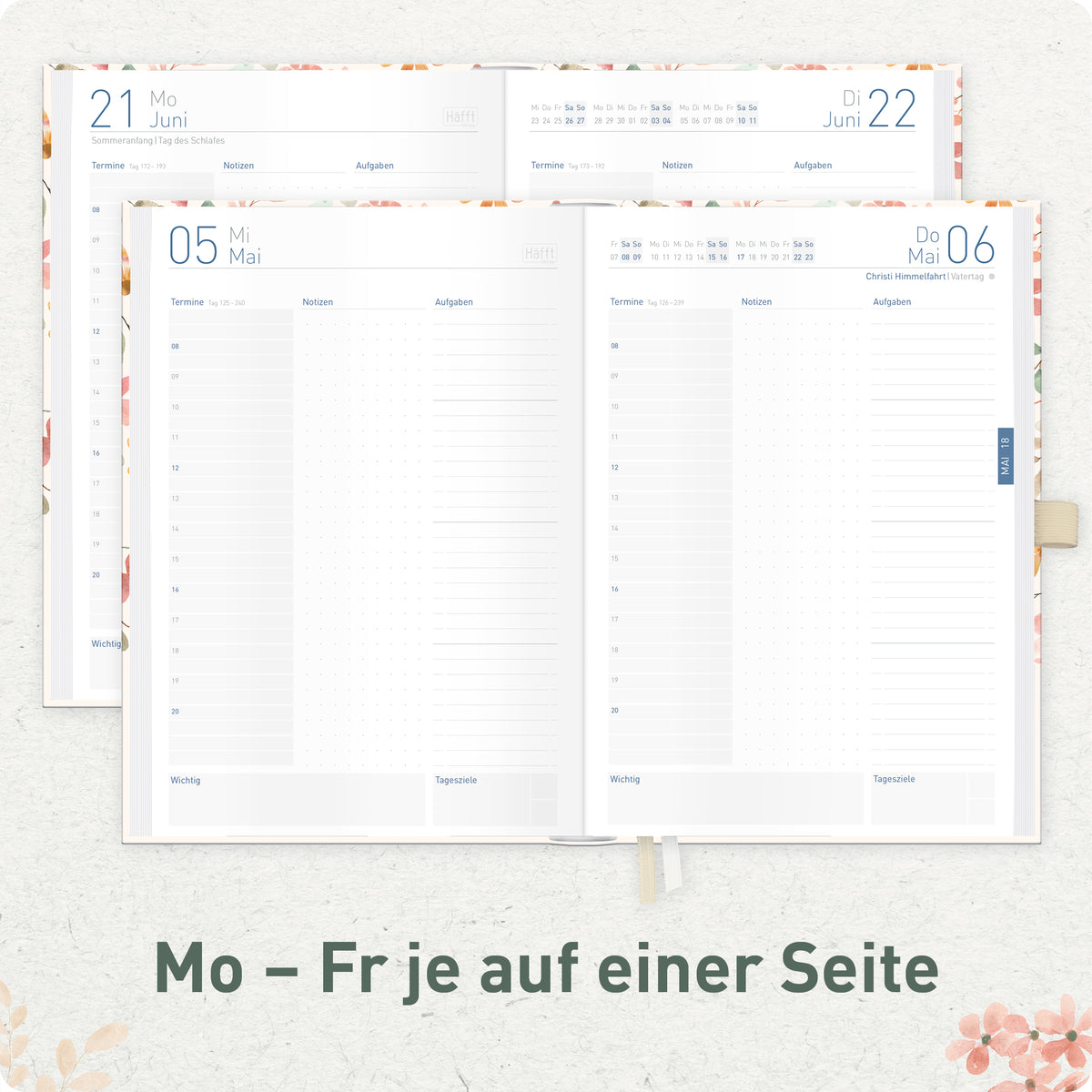 Innenansicht von Häfft Organizer Day by Day Tagesplaner 2027 A5 im Motiv „Wild Blossoms“ mit Tagesplanung und Zeitraster.