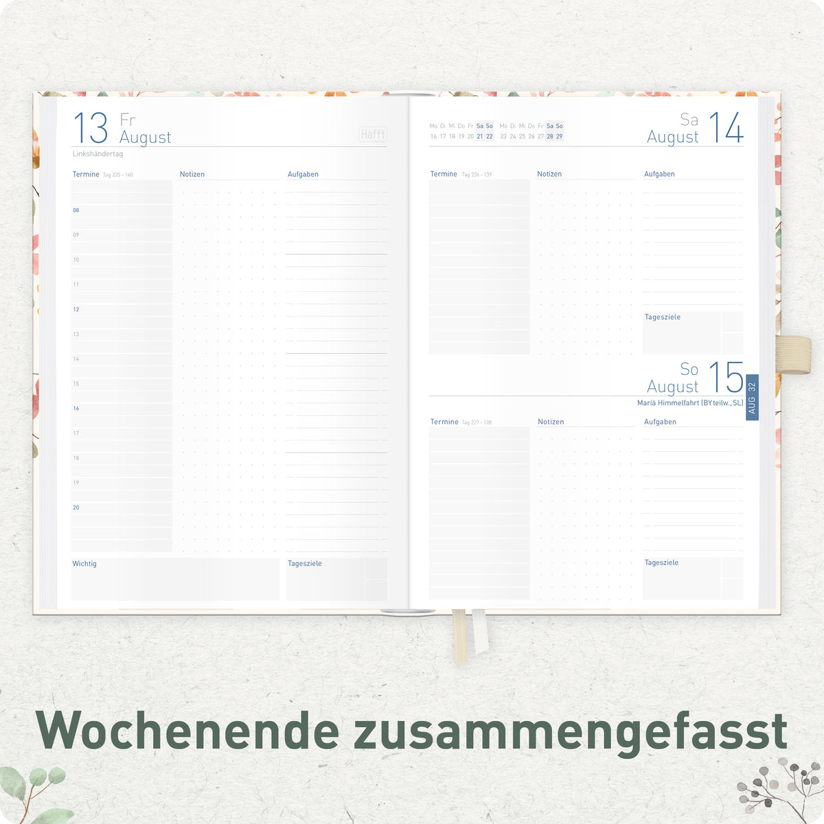 Innenansicht von Häfft Organizer Day by Day Tagesplaner 2027 A5 im Motiv „Wild Blossoms“ mit Monatsübersicht.