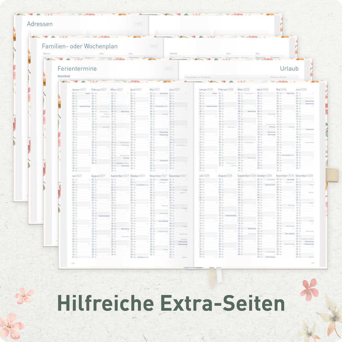 Zusatzseiten von Häfft Organizer Day by Day Tagesplaner 2027 A5 im Motiv „Wild Blossoms“.