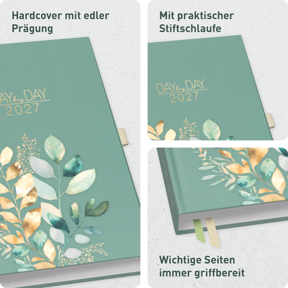Hardcover & Ausstattung von Häfft Organizer Day by Day Tagesplaner 2027 A5 im Motiv „Shiny Leaves“.