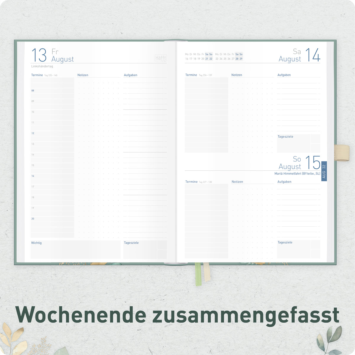 Innenansicht von Häfft Organizer Day by Day Tagesplaner 2027 A5 im Motiv „Shiny Leaves“ mit Monatsübersicht.
