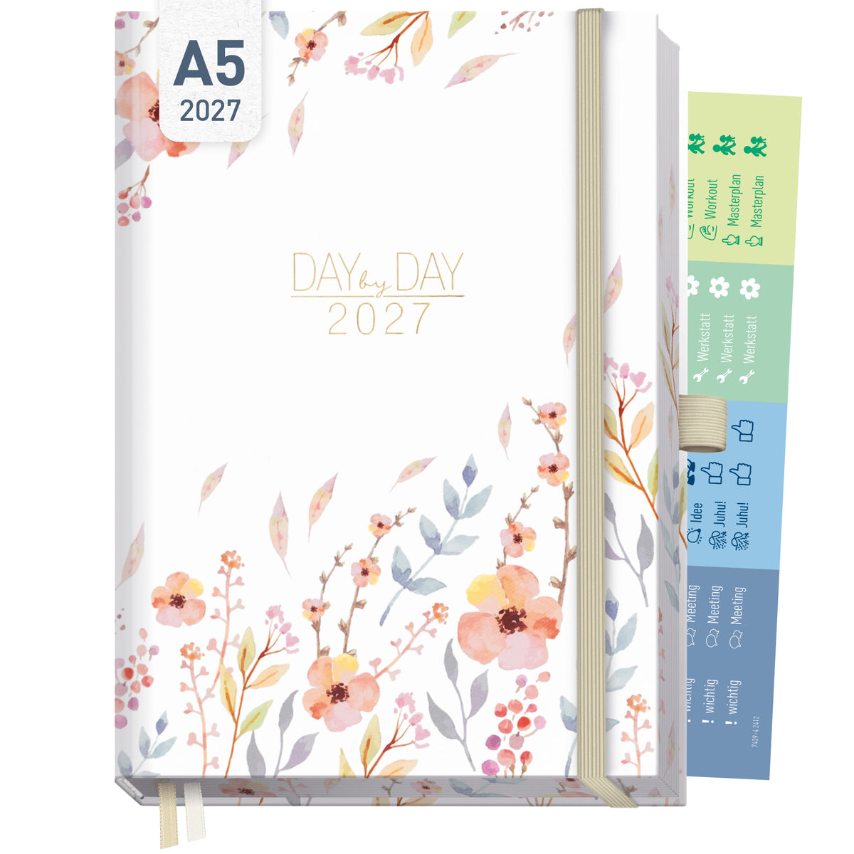 Coveransicht von Häfft Tageskalender 2027 A5 - Organizer Day by Day Deluxe im Motiv „Sweet Flowers“.