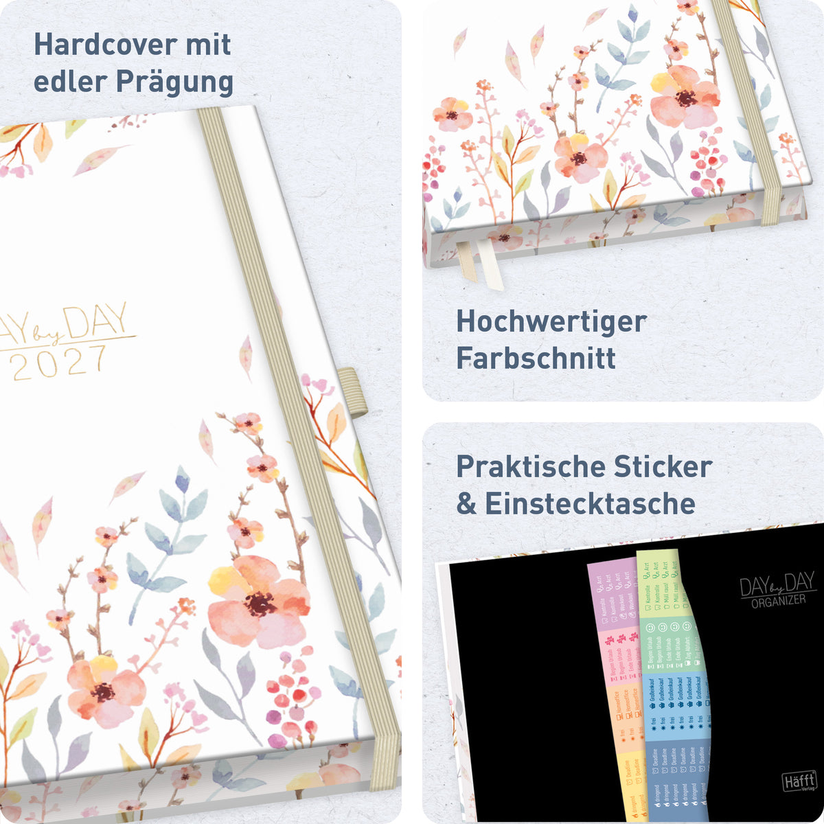 Deluxe-Einband & Ausstattung von Häfft Tageskalender 2027 A5 - Organizer Day by Day Deluxe im Motiv „Sweet Flowers“.